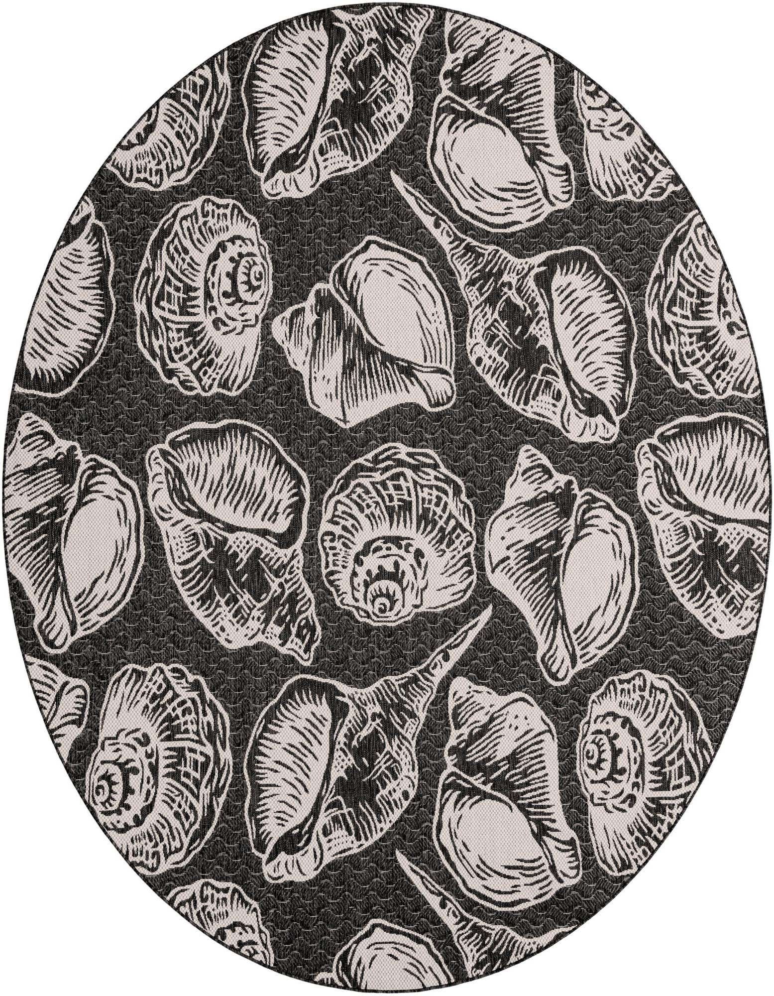 A round black and white rug featuring a detailed coastal seashell pattern, suitable for indoor or outdoor use.