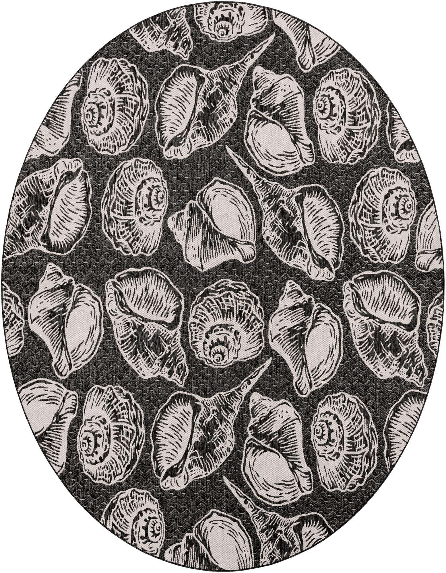 A 12' round black and white coastal rug featuring a repeating pattern of various seashells, suitable for a patio.