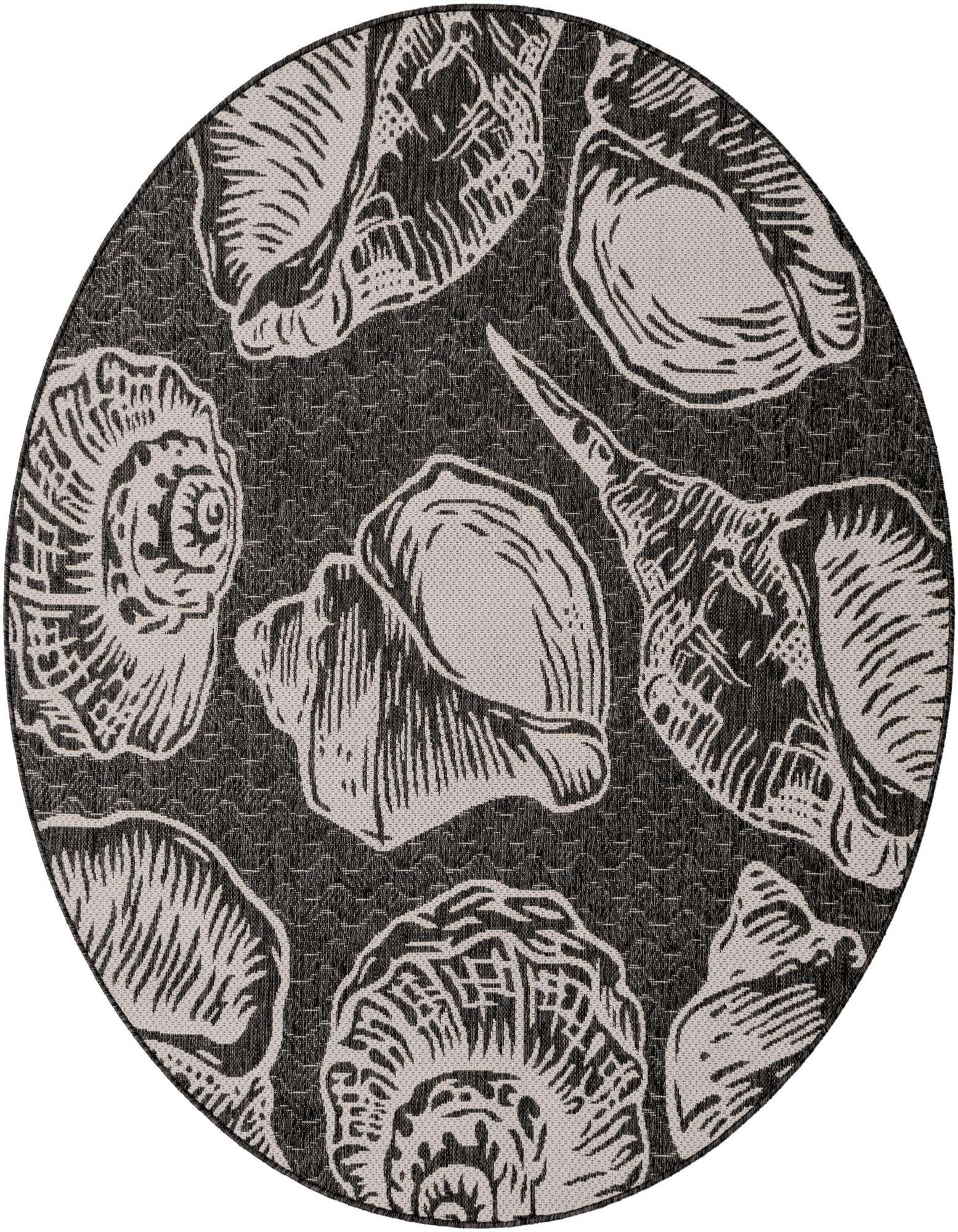 A round 6' 0 x 6' 0 black and ivory coastal rug featuring various seashell patterns, ideal for a patio.