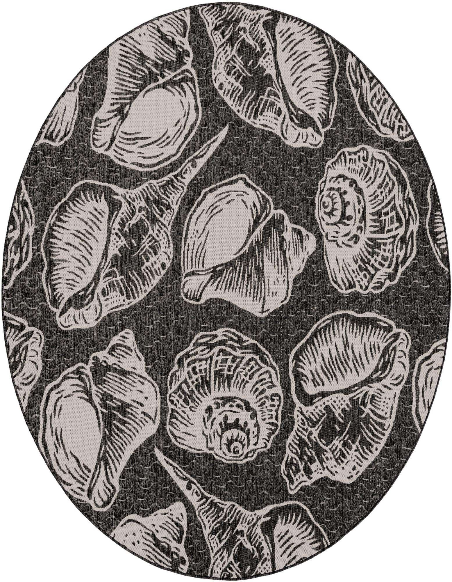 Round black and white coastal rug featuring various seashell illustrations, ideal for a patio or indoor space.
