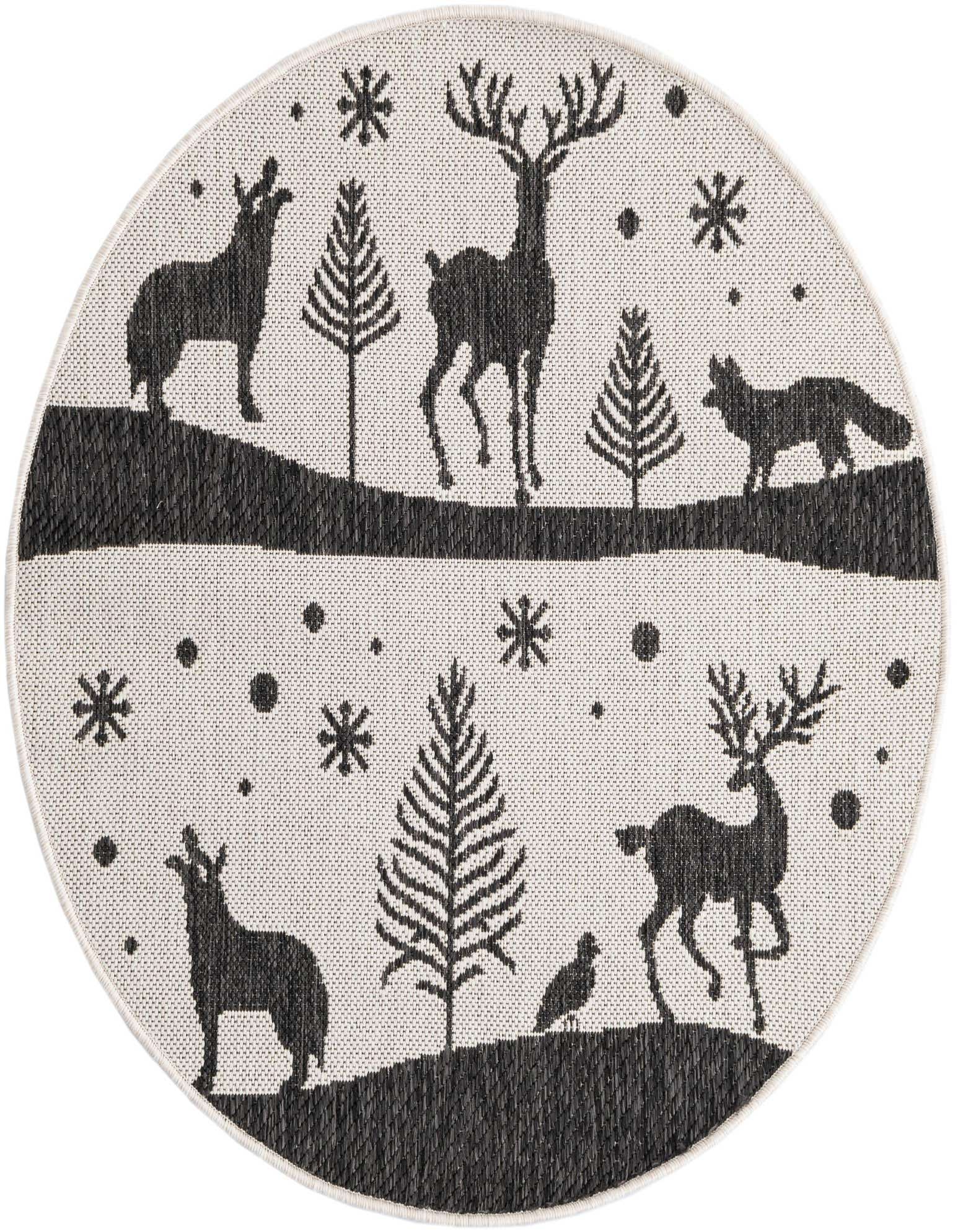 Round black and white outdoor rug featuring a modern winter scene with deer, foxes, trees, and snowflakes.