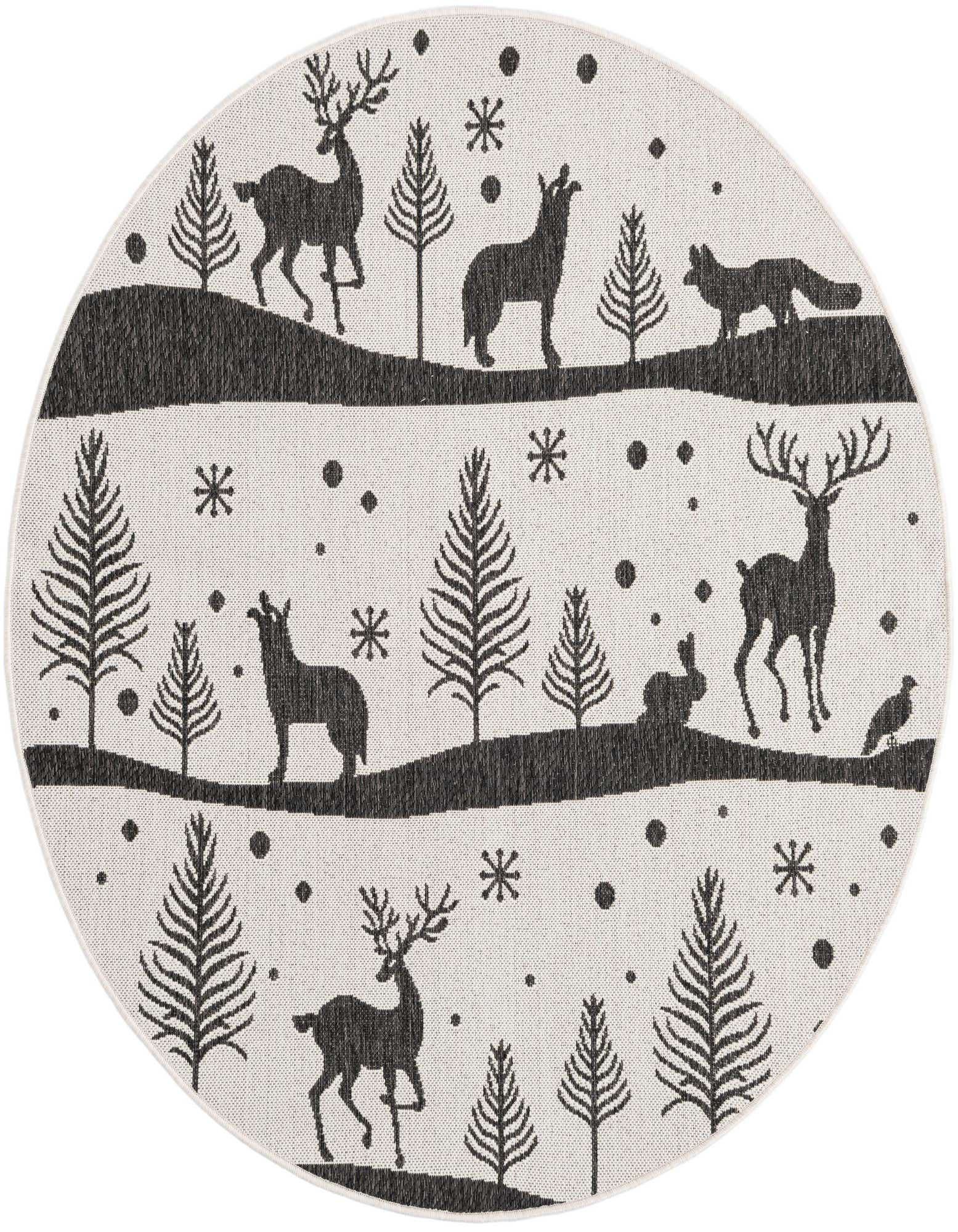 A 5'3" round black and white rug featuring a modern winter forest scene with deer, foxes, rabbits, and pine trees.