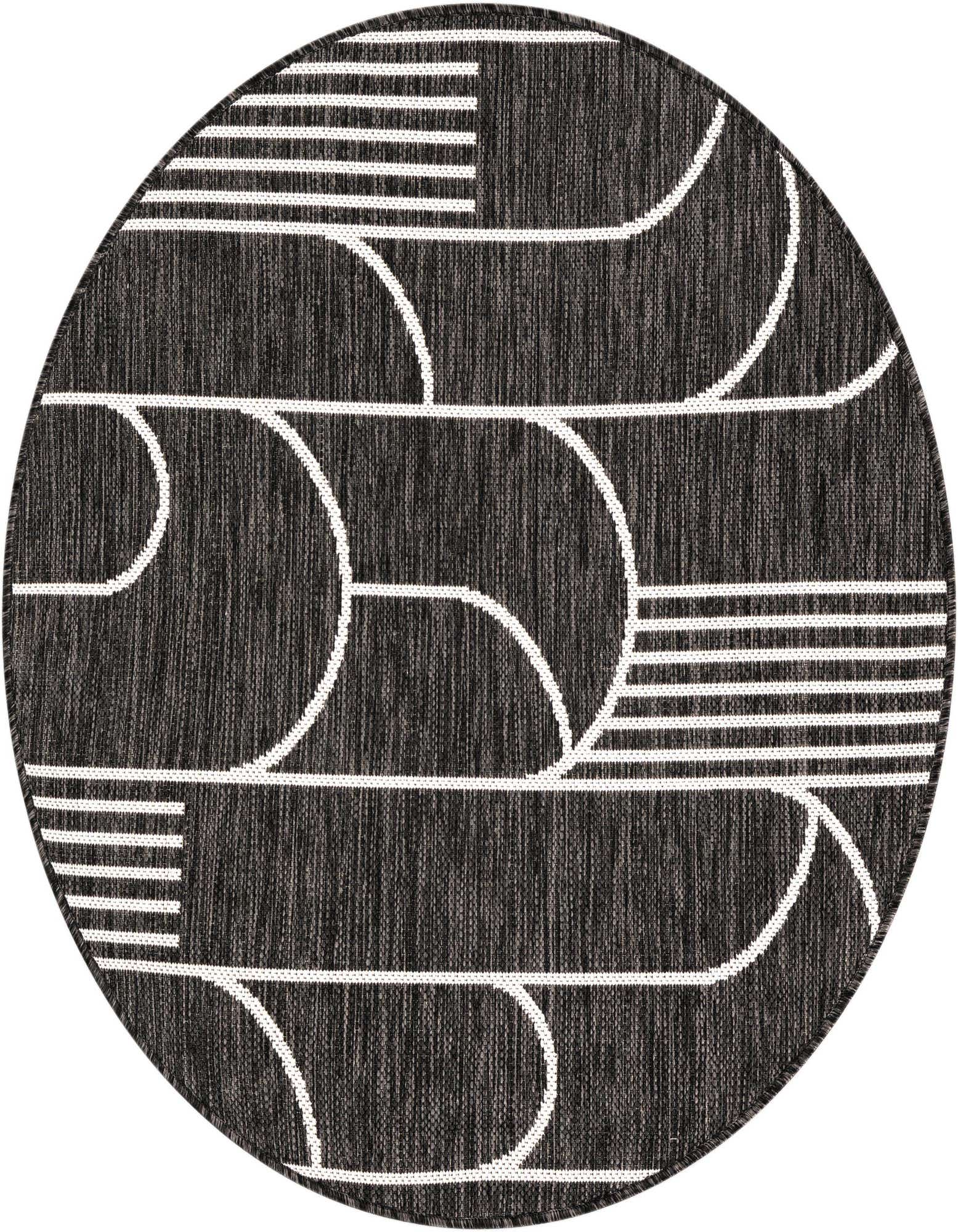 A 3'1" round black and white indoor/outdoor rug with a modern geometric stripe pattern.