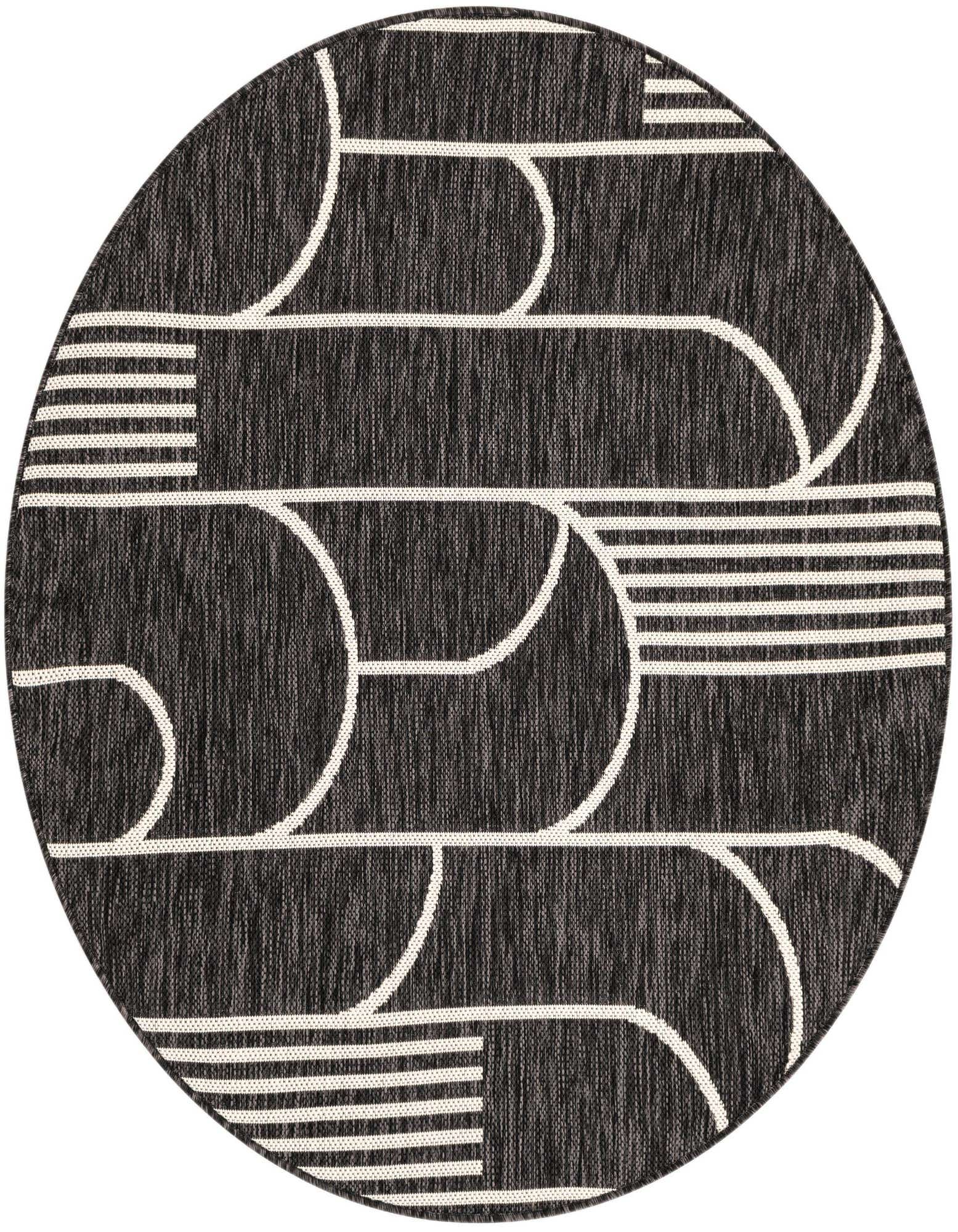 A 4' round black and white outdoor rug with a modern geometric pattern featuring curved and striped lines.