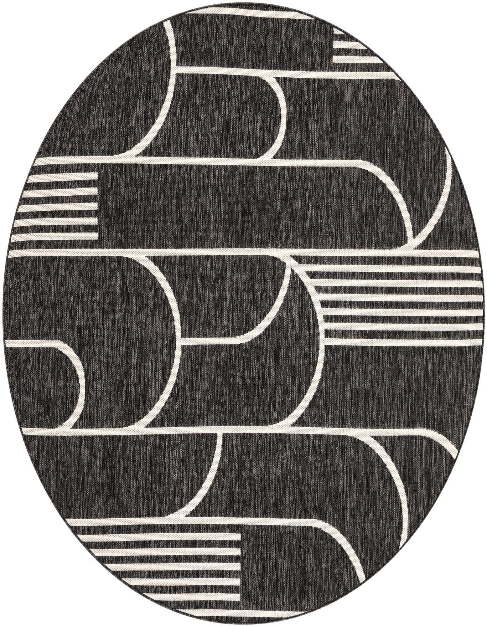 A 6' round black and white contemporary rug with a bold geometric stripe pattern, suitable for indoor or outdoor use.