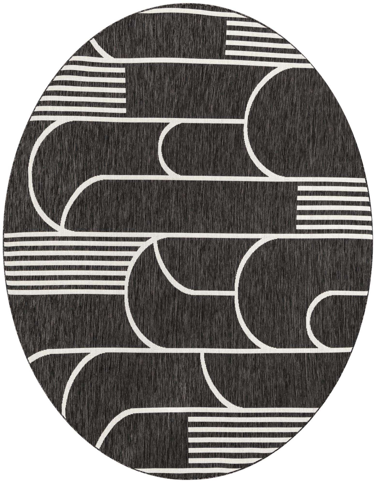 A round 7' 10 x 7' 10 black and white contemporary rug with a modern geometric stripe pattern, suitable for indoor or outdoor use.