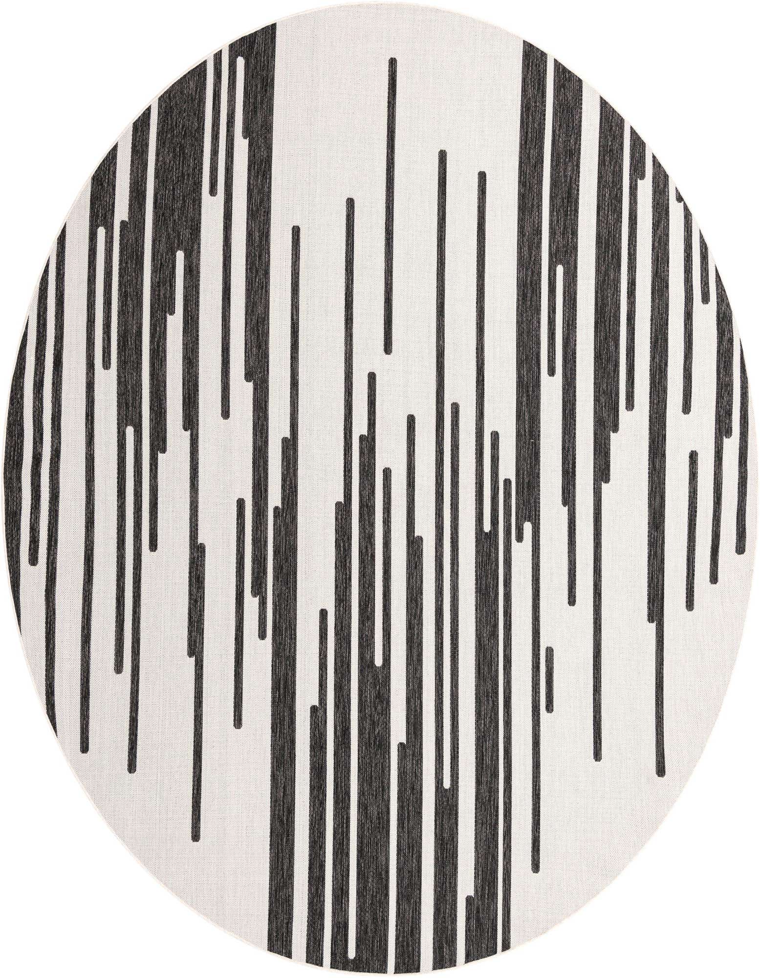 A 10' round black and white modern rug with a dynamic vertical stripe pattern, suitable for indoor or outdoor spaces.