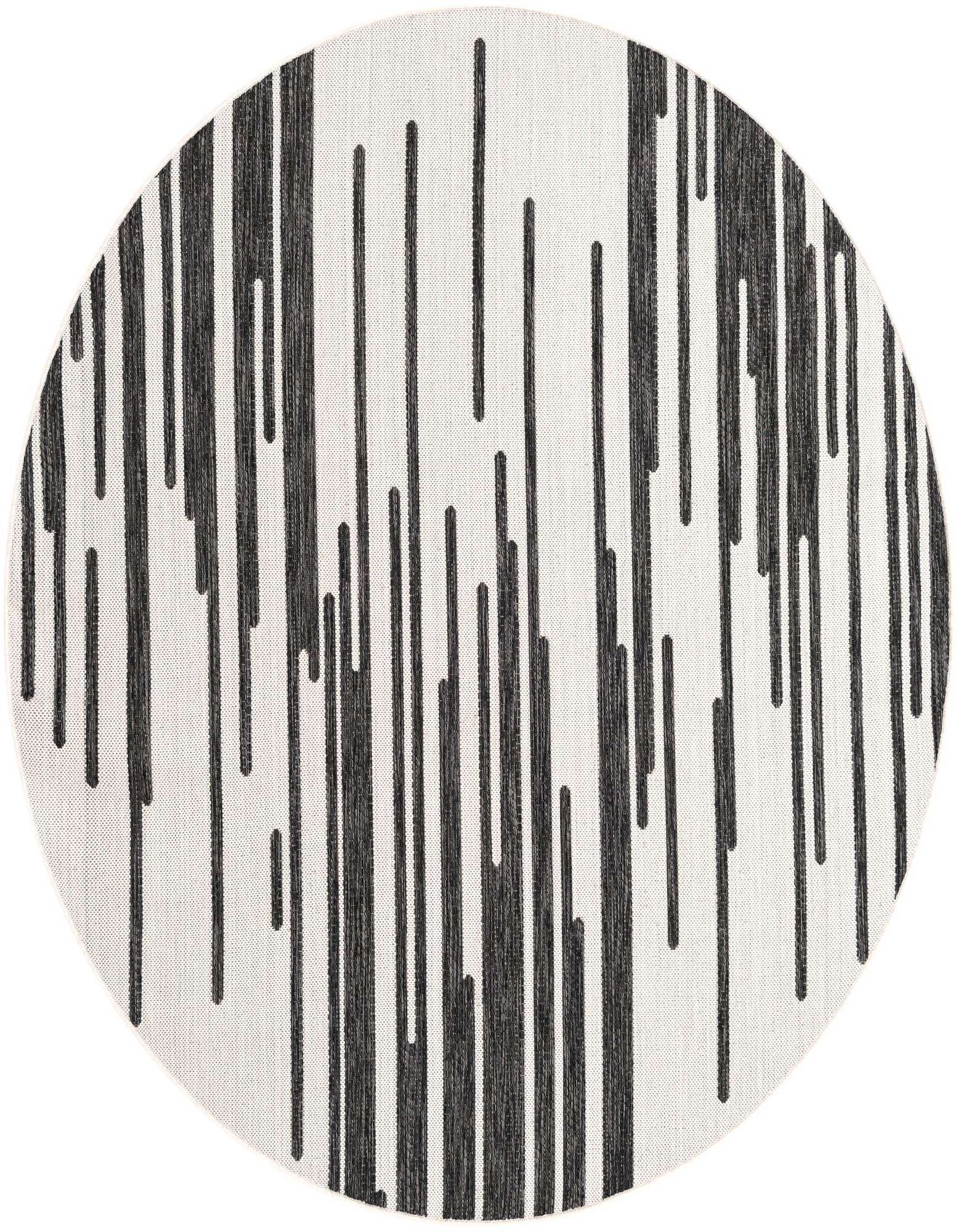 A round 6' 0 x 6' 0 black and white modern flatweave rug with a vertical stripe pattern, suitable for indoor or outdoor use.