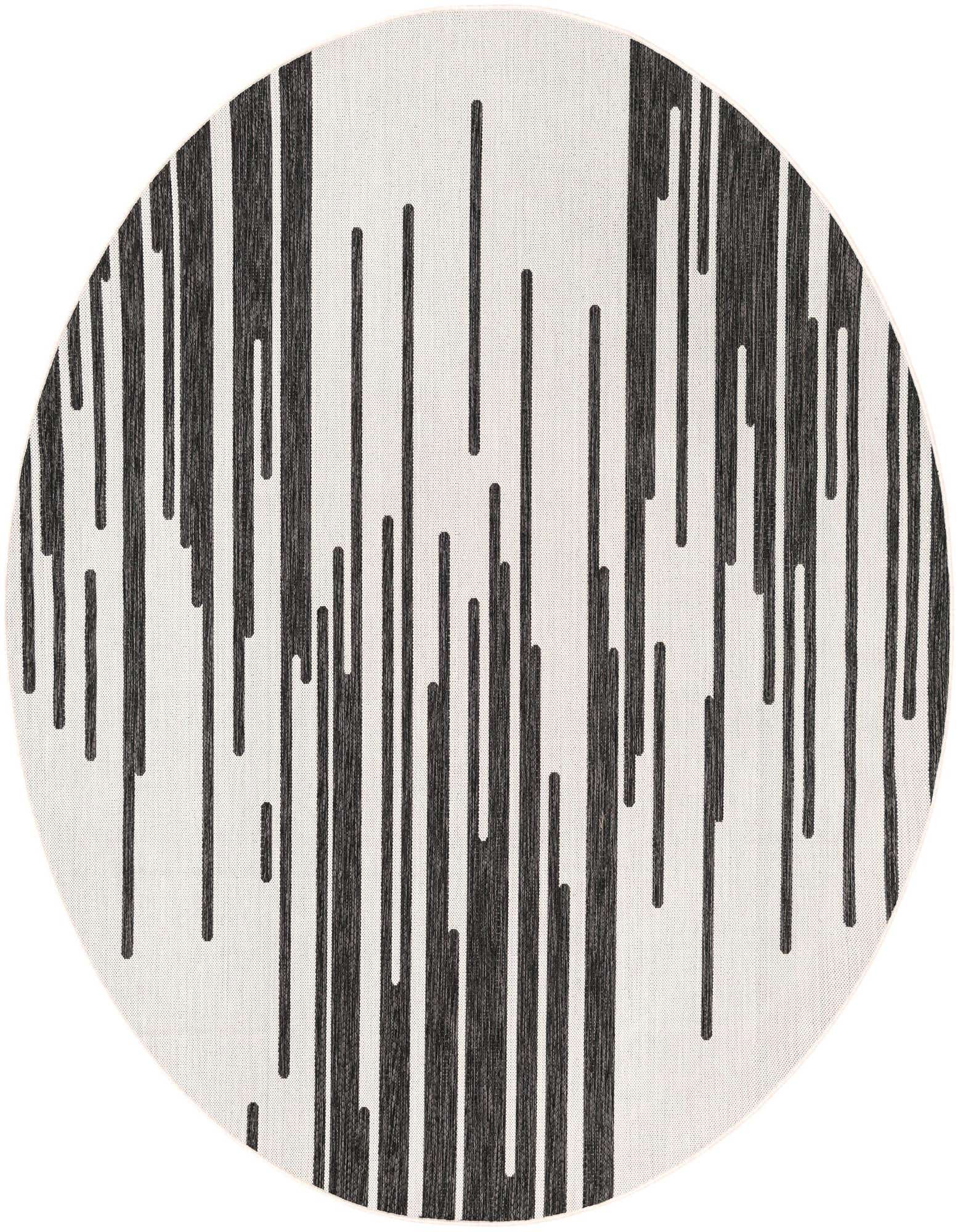 A 7' 10 round black and white modern rug with a dynamic vertical stripe pattern, suitable for indoor or outdoor use.