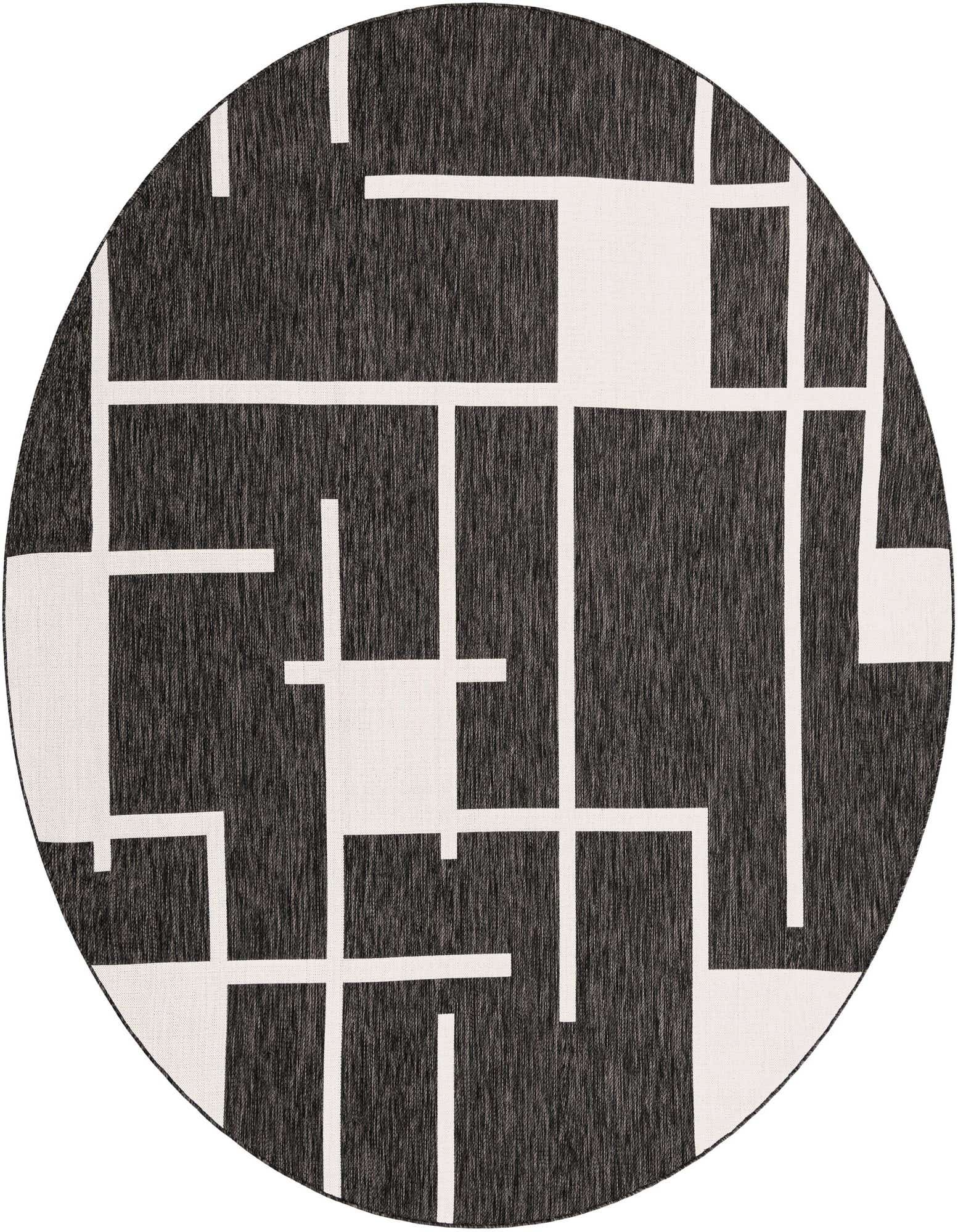 A 10-foot round black and white modern geometric rug with a flatweave texture, suitable for indoor or outdoor use.