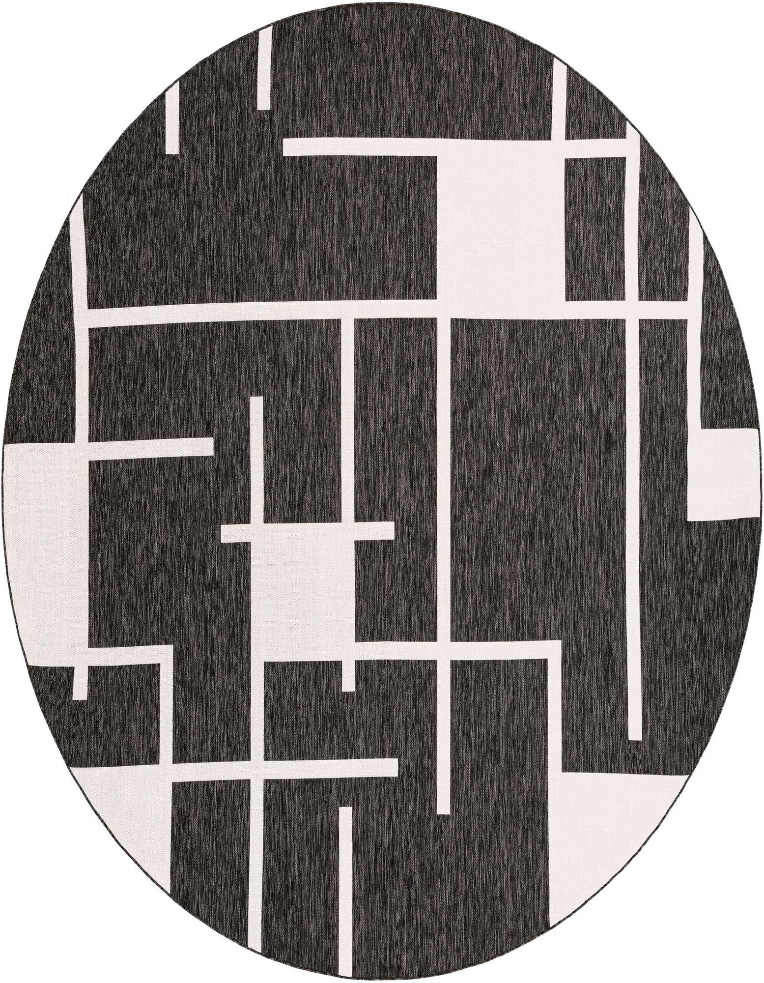 A 12' round black and white modern geometric rug with a flatweave texture, suitable for indoor or outdoor use.