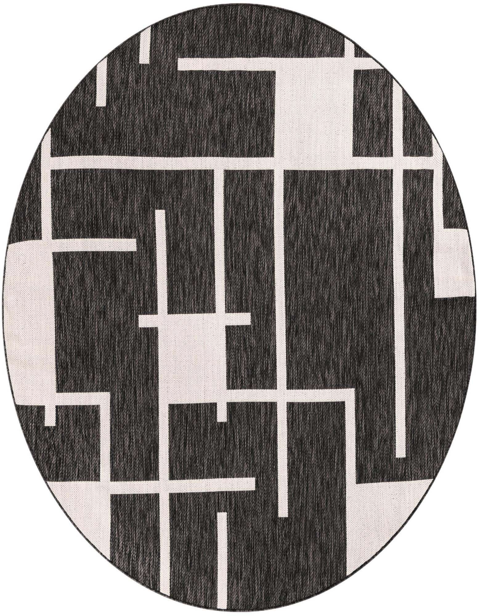 A 6' round black and white modern rug with an abstract geometric stripe pattern, suitable for indoor or outdoor use.