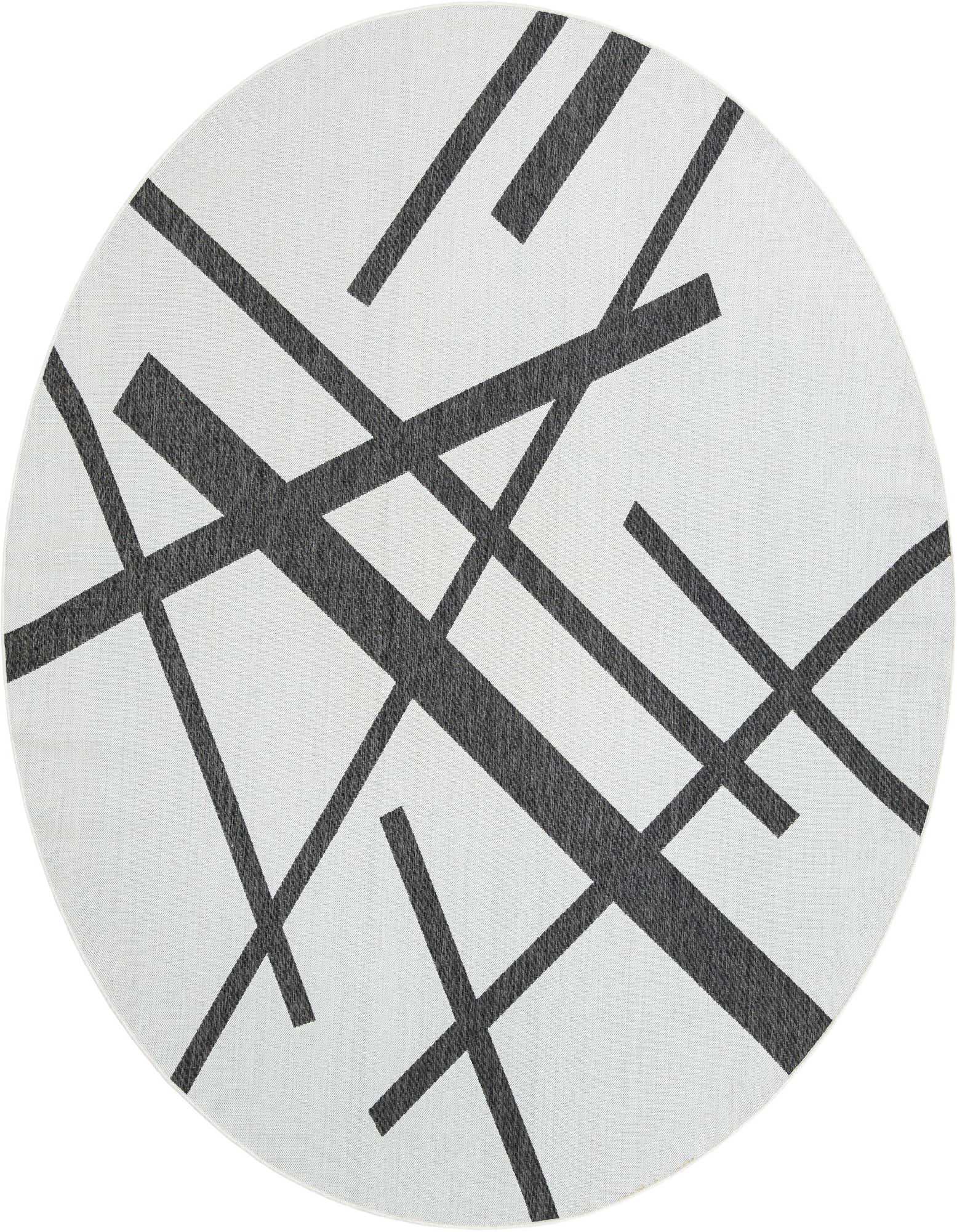 A 10' round black and white outdoor rug featuring a modern abstract geometric pattern of intersecting dark lines on a light background.