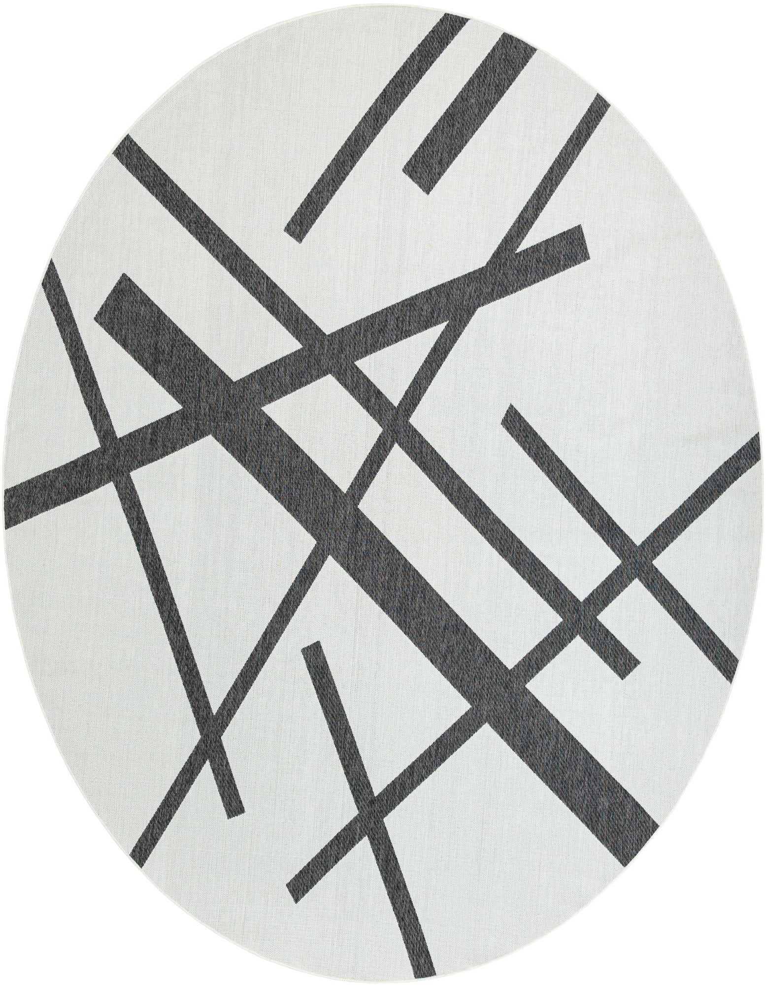 A 12' round black and white abstract rug with intersecting lines, suitable for indoor or outdoor use.