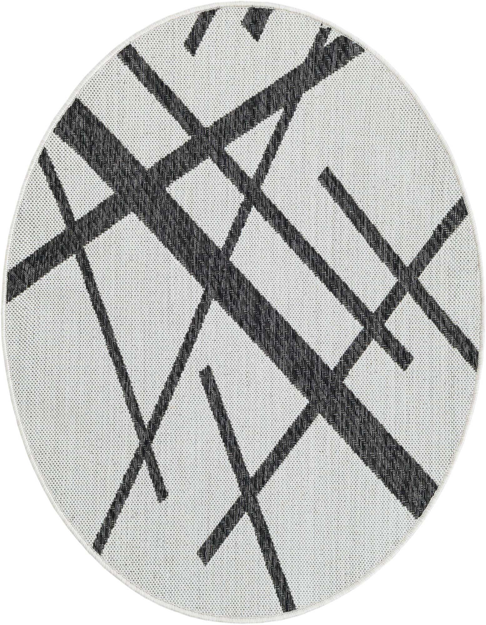 A 3' round black and white outdoor rug with a modern abstract crisscross pattern, suitable for a patio.