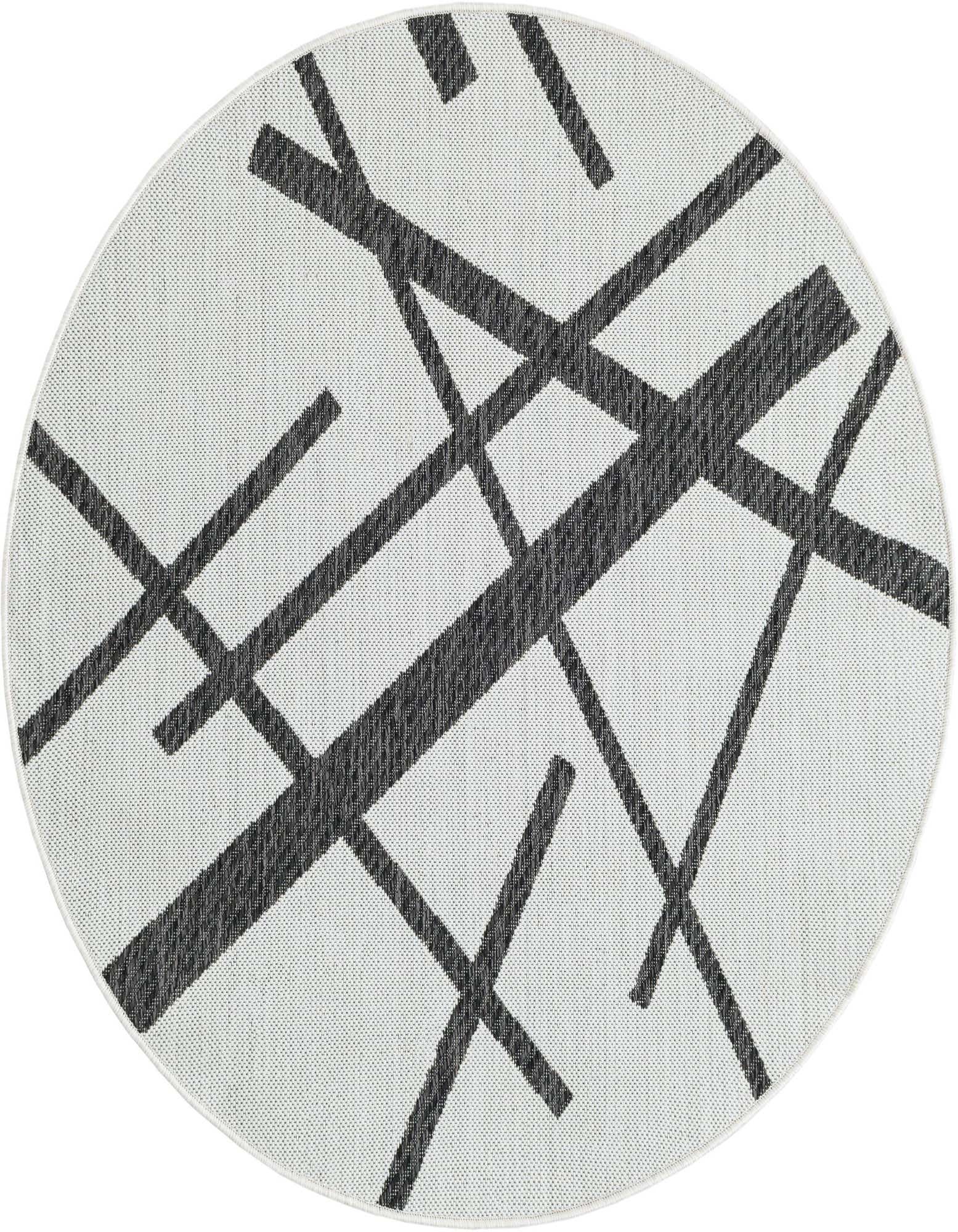 A 4' round black and white abstract rug with intersecting lines, suitable for indoor or outdoor use.