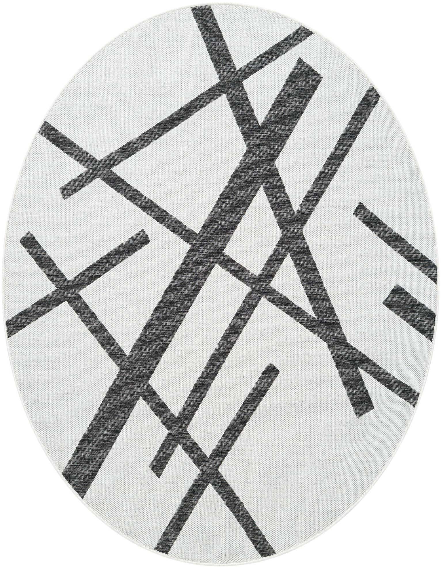 A 6' round black and white abstract rug with intersecting lines, suitable for indoor or outdoor use.
