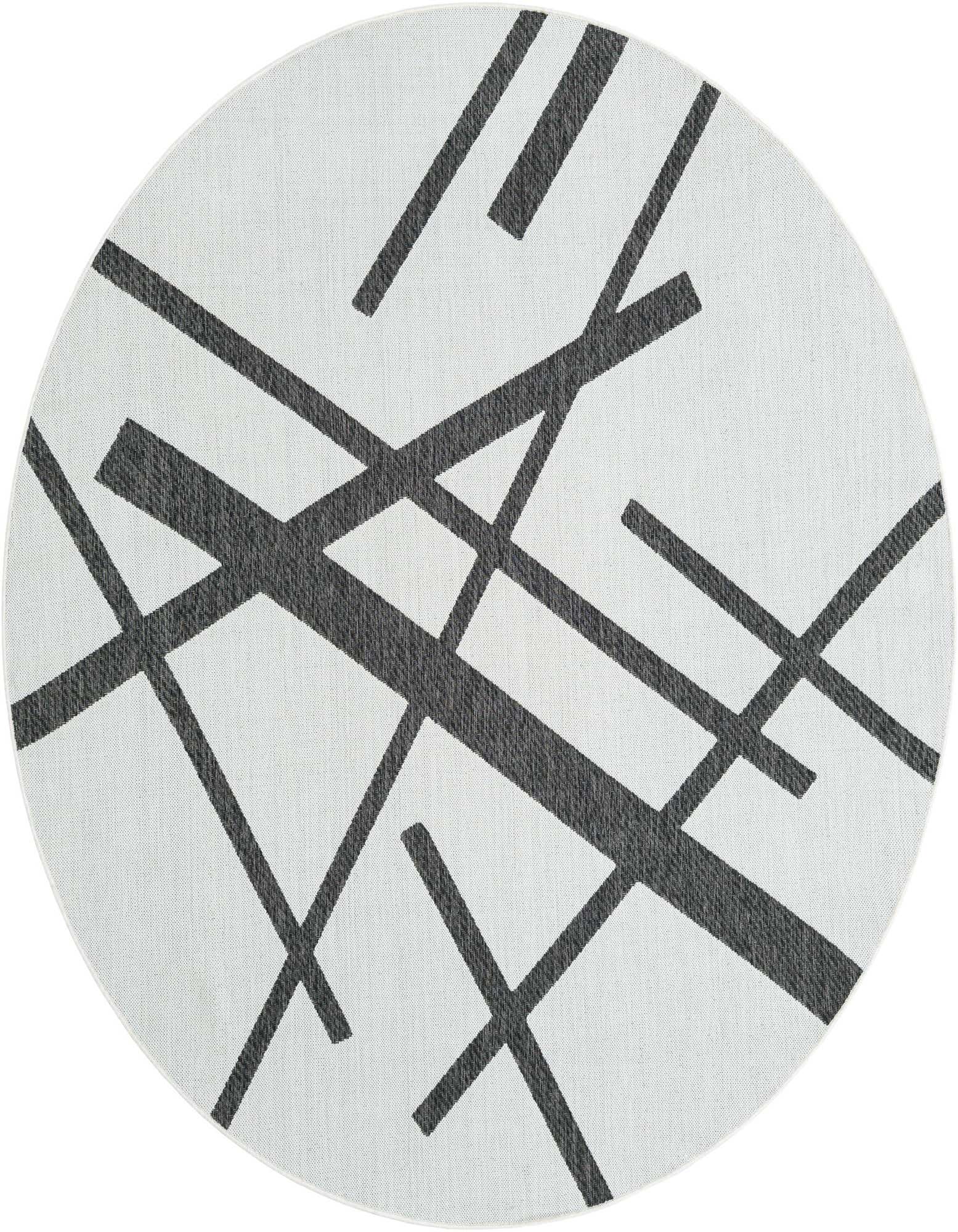 A round 7' 10 x 7' 10 black and white outdoor rug with a modern abstract geometric pattern, ideal for a patio.