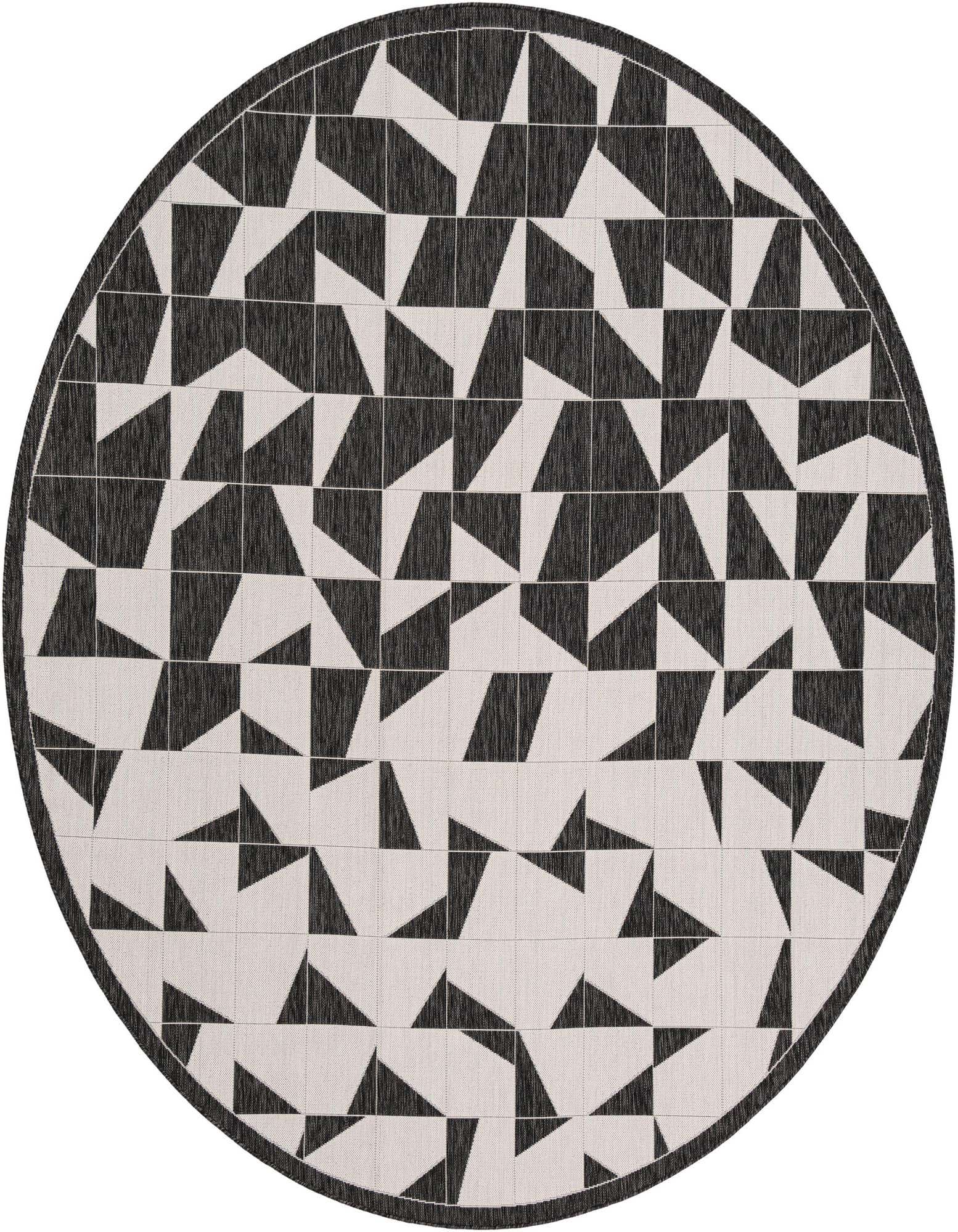 A 10' round black and white modern geometric rug with an abstract pattern and a dark border.