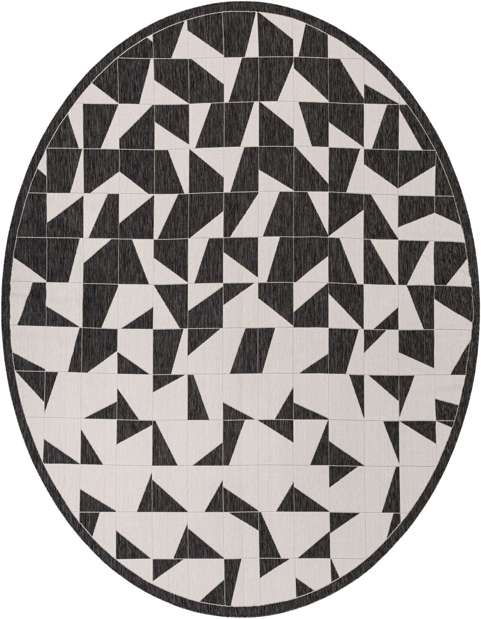 A 12' round black and white outdoor rug with a modern abstract geometric pattern of triangles and squares.