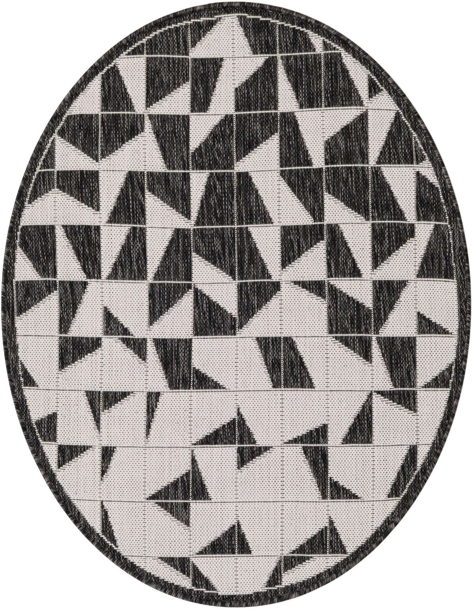 A 3' round black and white modern geometric rug with an abstract triangle pattern, suitable for indoor or outdoor use.