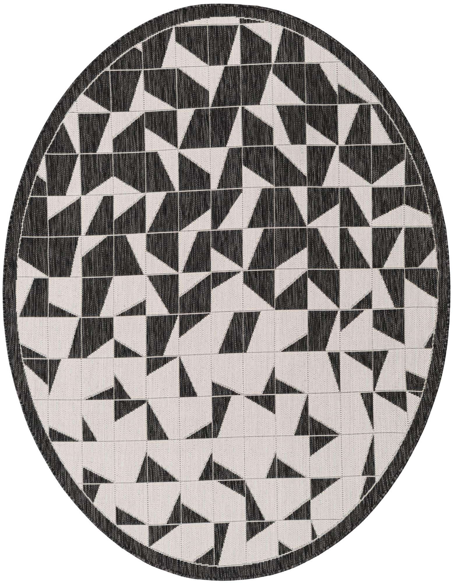 A 6' round black and white modern rug with an abstract geometric pattern of triangles and squares, suitable for indoor or outdoor use.