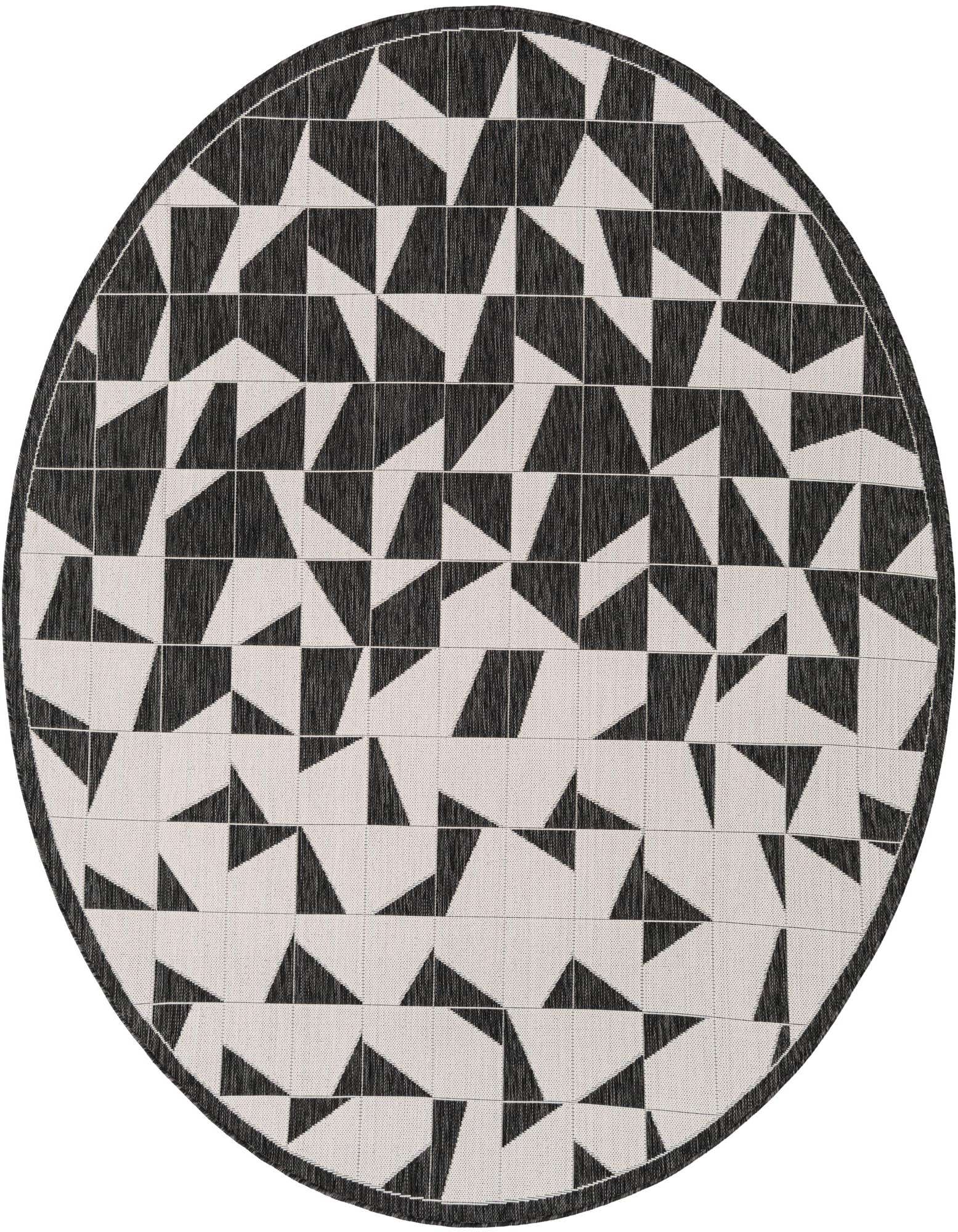 A 7' 10 round black and white rug with a modern abstract geometric pattern, suitable for indoor or outdoor use.