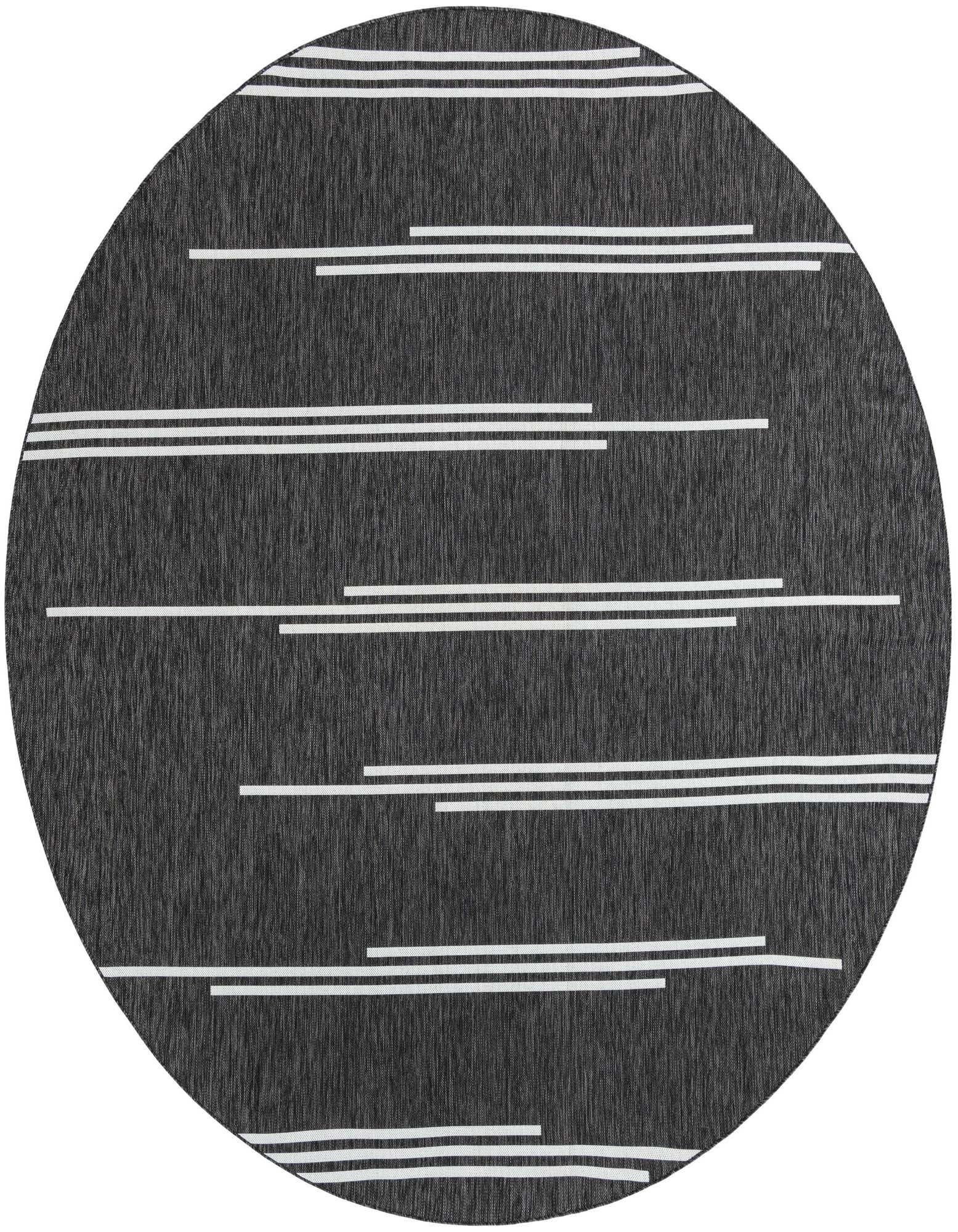 A 10' round black and white outdoor rug featuring a modern striped pattern, ideal for a patio.