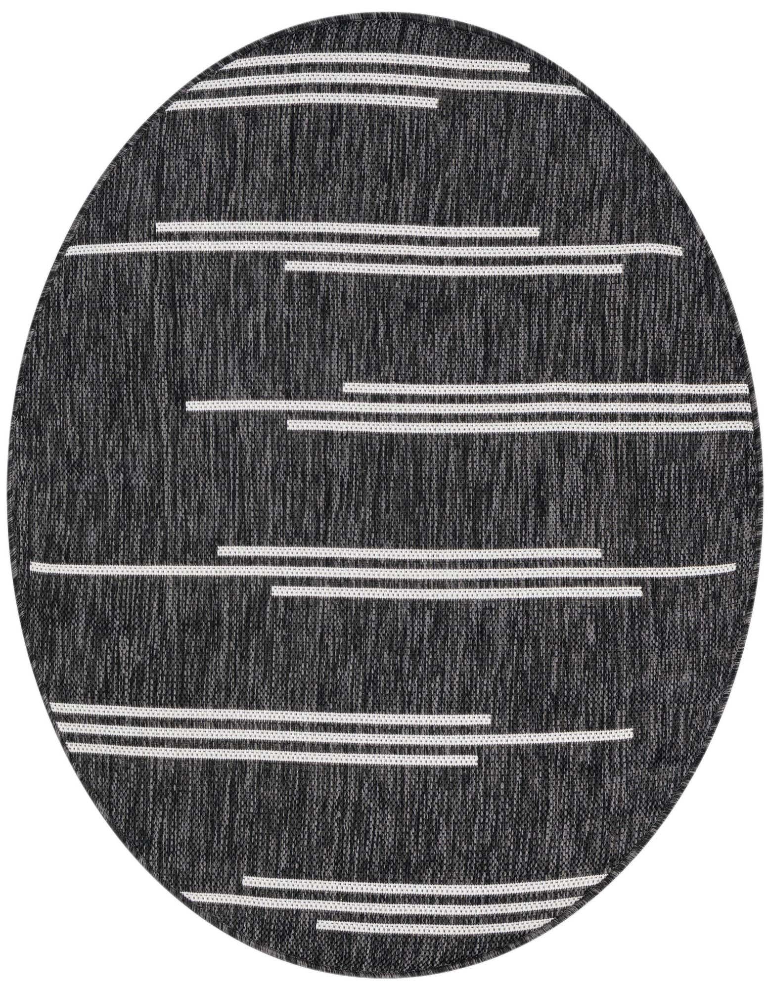 A round black and white outdoor rug with a modern stripe pattern, ideal for a patio or deck.