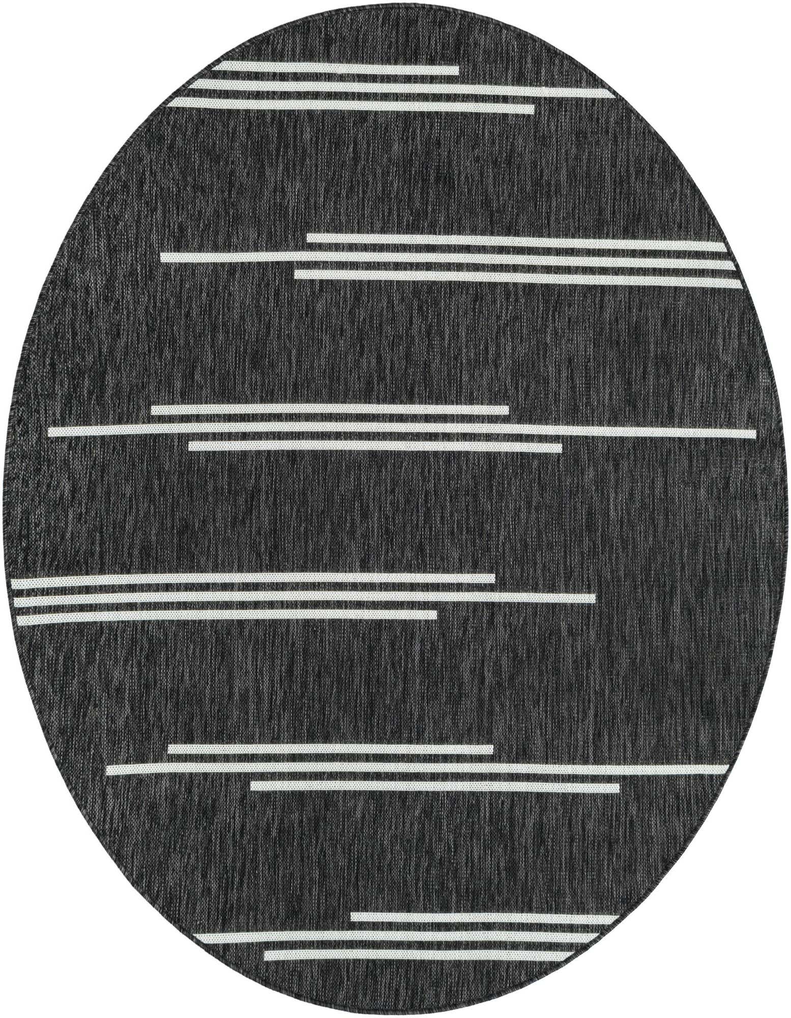 A round 6' black and white indoor/outdoor rug with a modern horizontal stripe pattern, ideal for a patio.