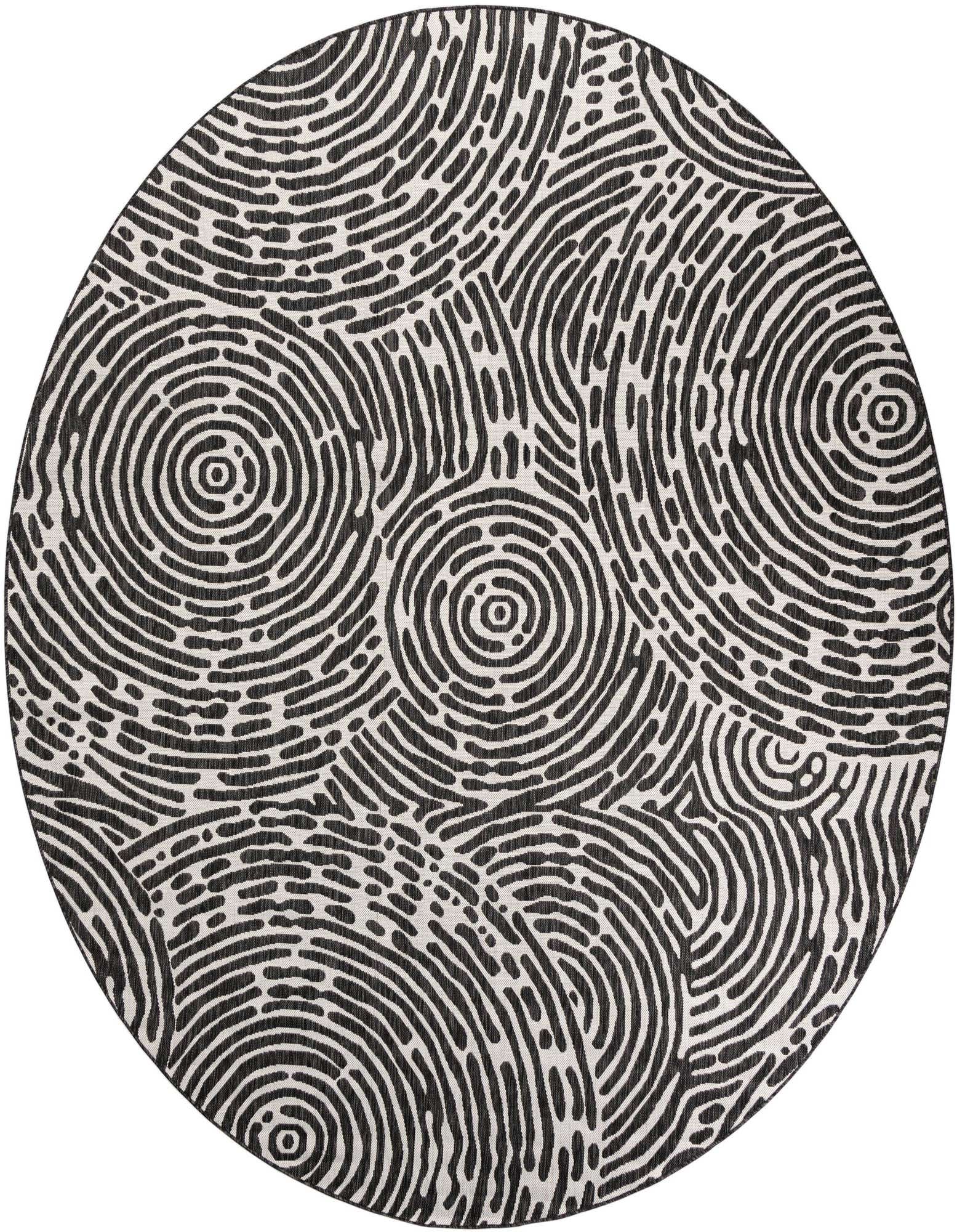 A 10' round black and white abstract outdoor rug with a modern fingerprint-like pattern, ideal for a patio.