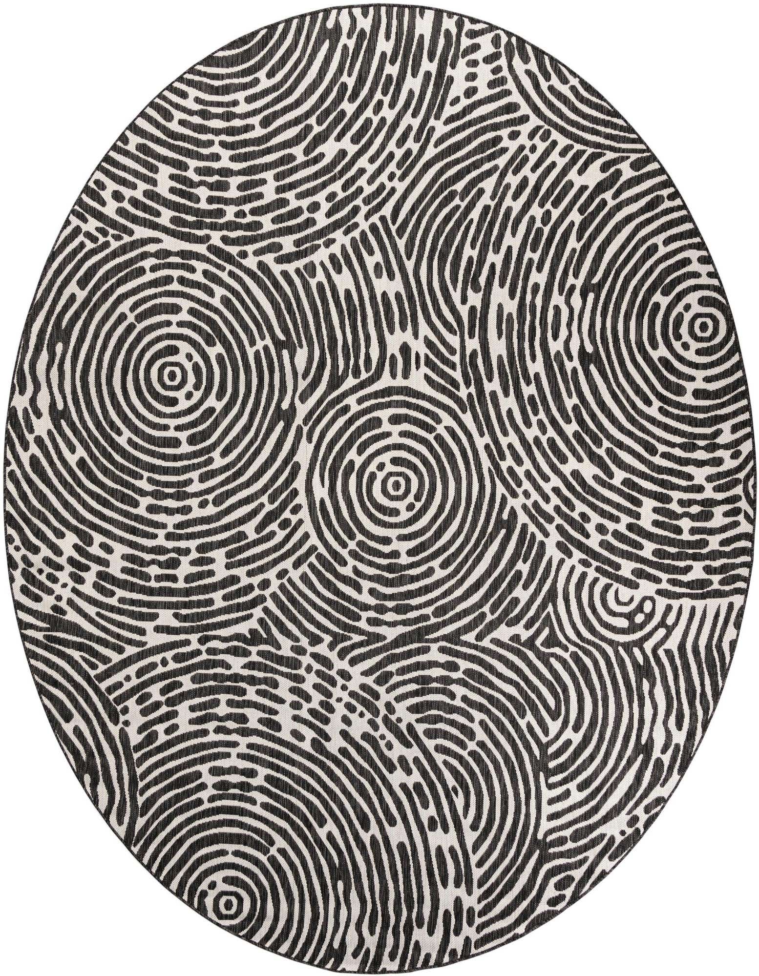 A 12' round black and white modern abstract rug with a fingerprint-like pattern, suitable for indoor or outdoor use.