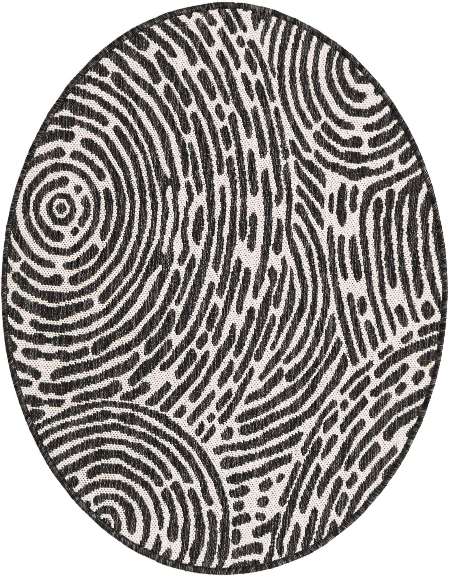 A 3' round black and white modern abstract rug with a textured, flatweave pattern suitable for indoor or outdoor use.