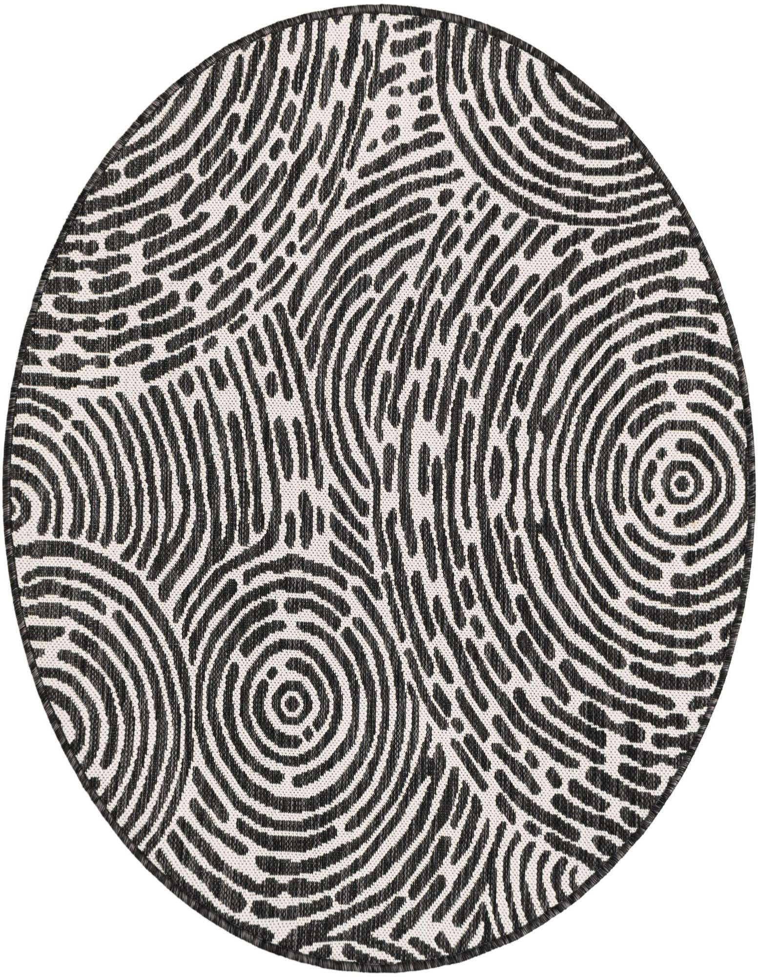 A 4' round black and white modern abstract rug with swirling fingerprint-like patterns, suitable for indoor or outdoor use.