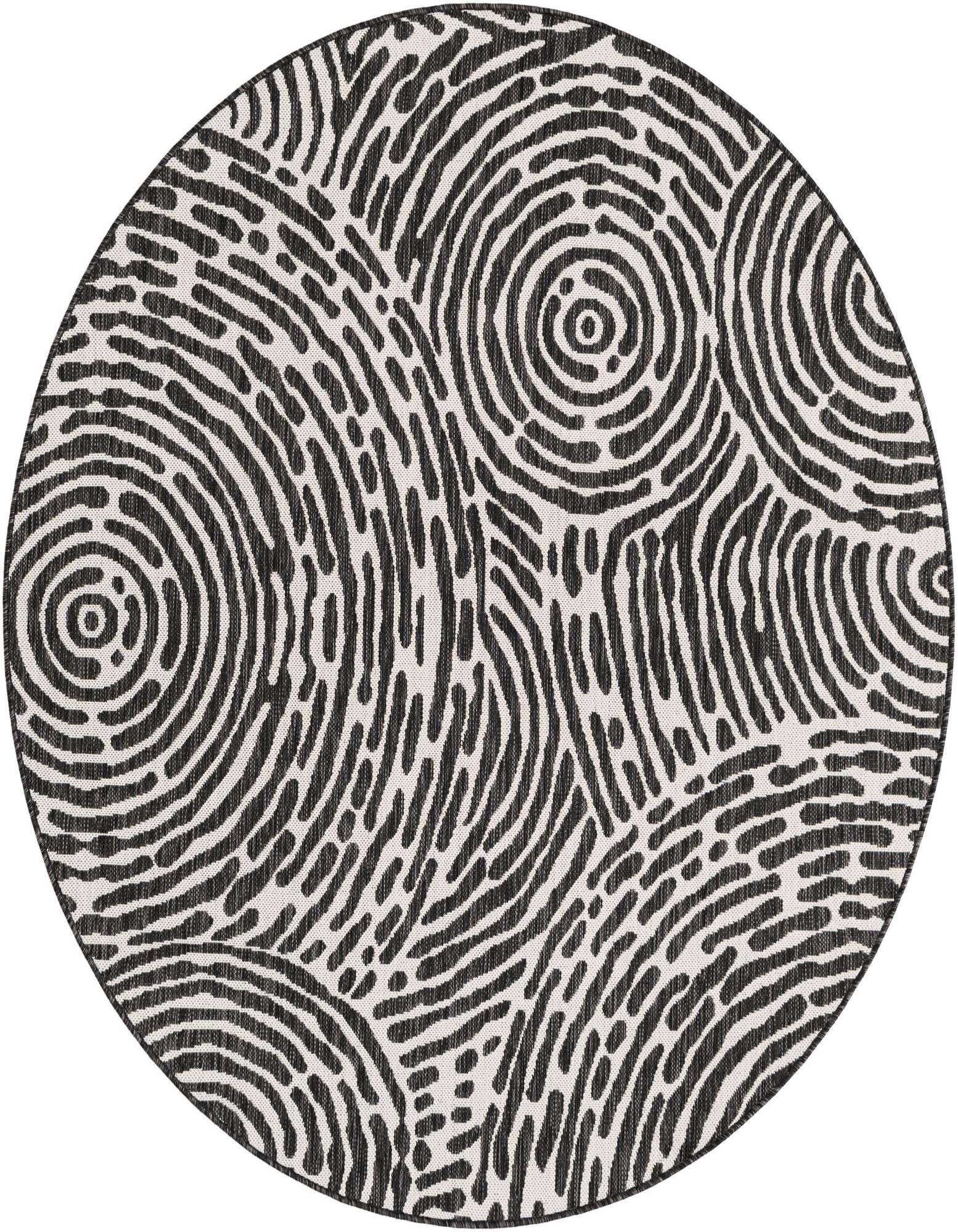 A 6' round black and white abstract rug with a modern fingerprint-like pattern, suitable for indoor or outdoor spaces.