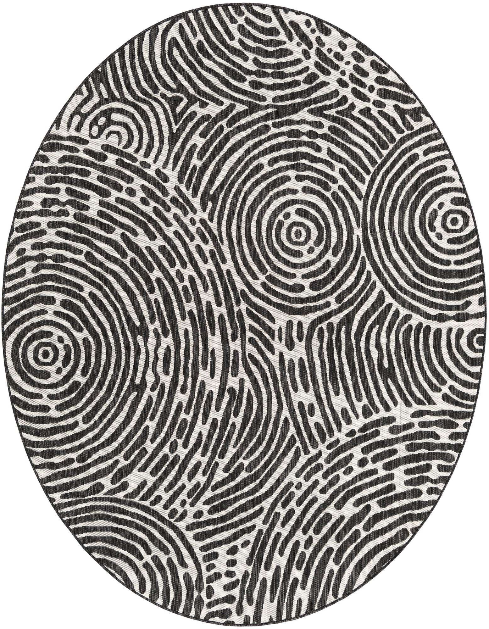 A 7' 10 round black and white abstract rug with a modern fingerprint-like pattern, suitable for indoor or outdoor use.