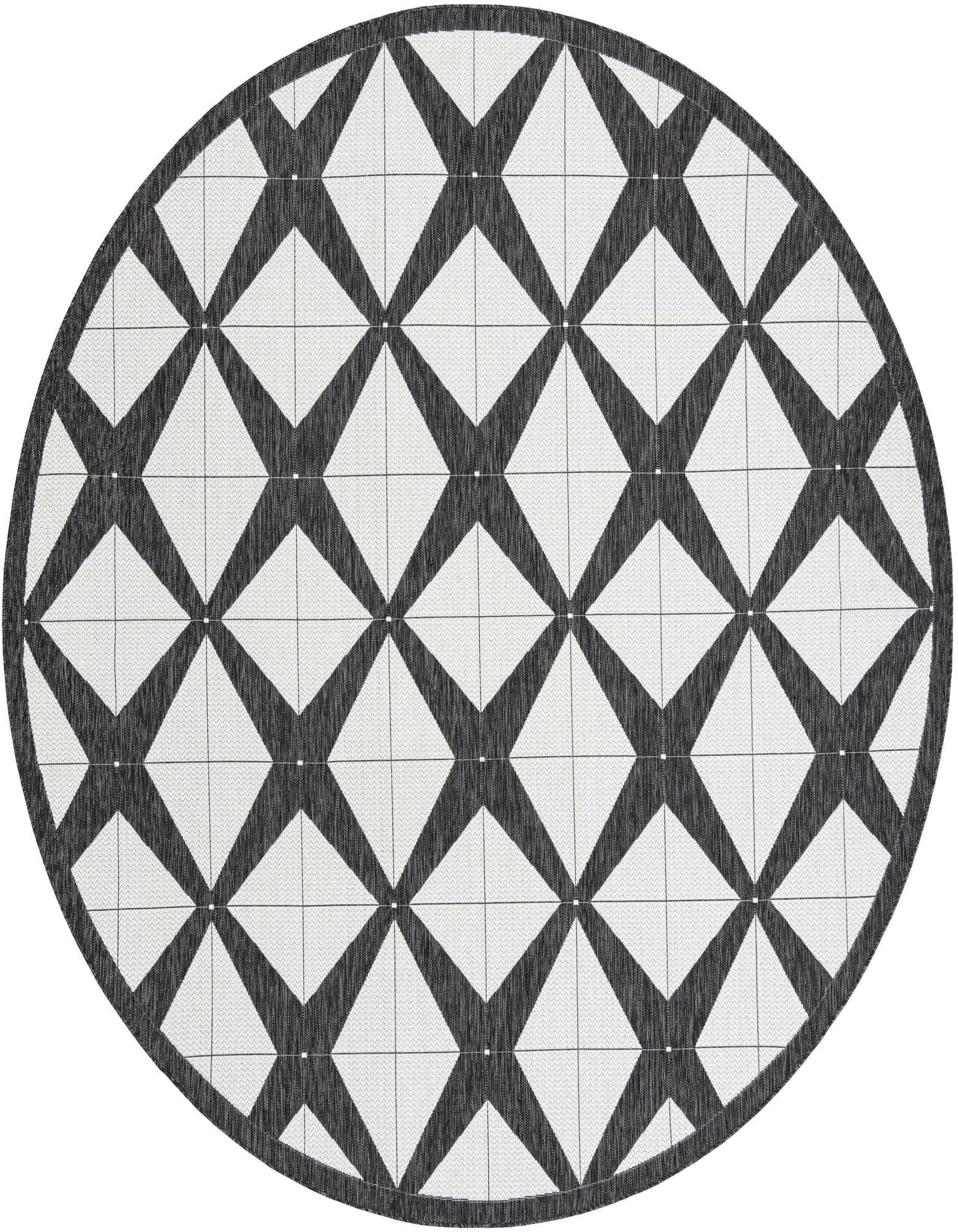A 10-foot round black and white modern rug with a bold geometric crisscross pattern, suitable for indoor or outdoor use.