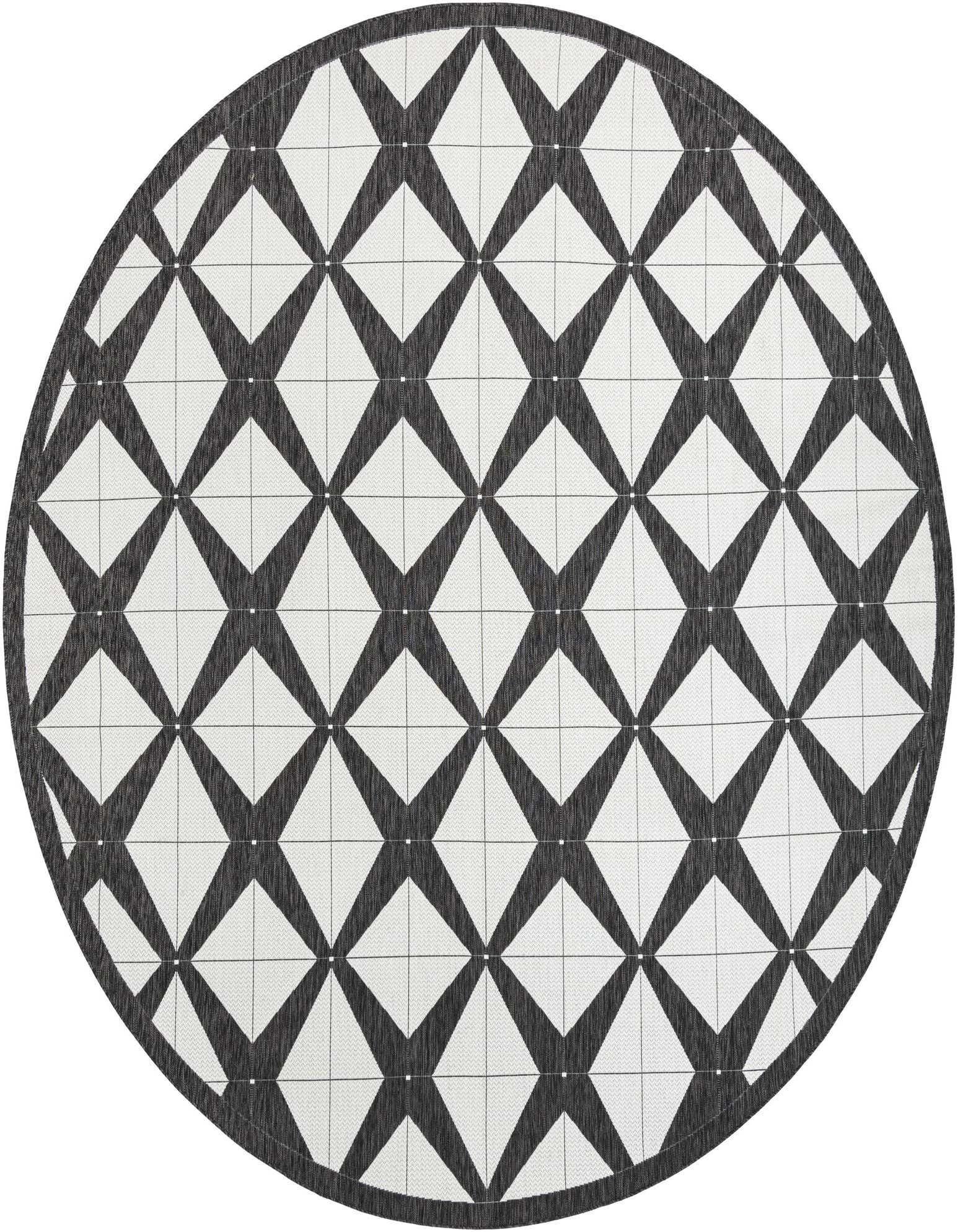 A 12' round black and white modern geometric rug with a bold crisscross pattern, suitable for indoor or outdoor use.