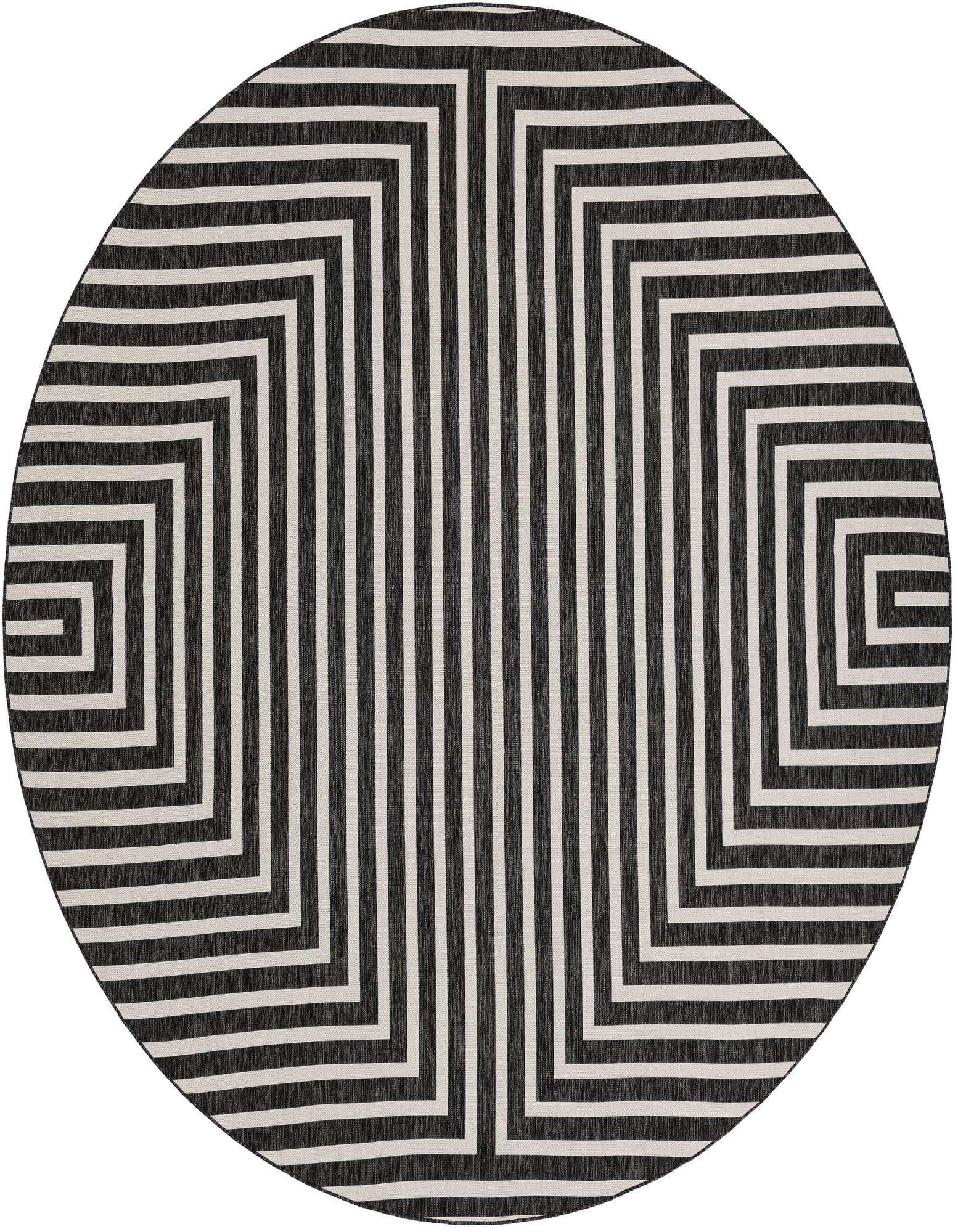 A 12' round black and white outdoor rug featuring a bold, contemporary geometric stripe pattern, ideal for a patio.