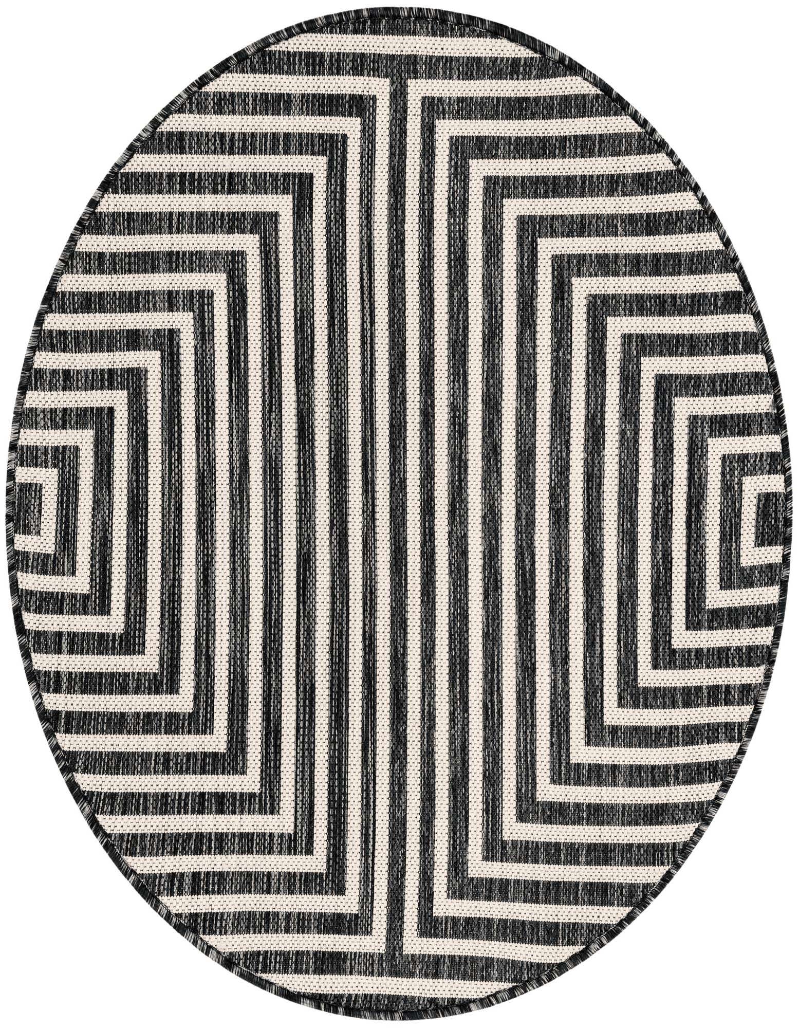 A 3' round black and white geometric rug with a bold striped and square pattern, ideal for indoor or outdoor spaces.
