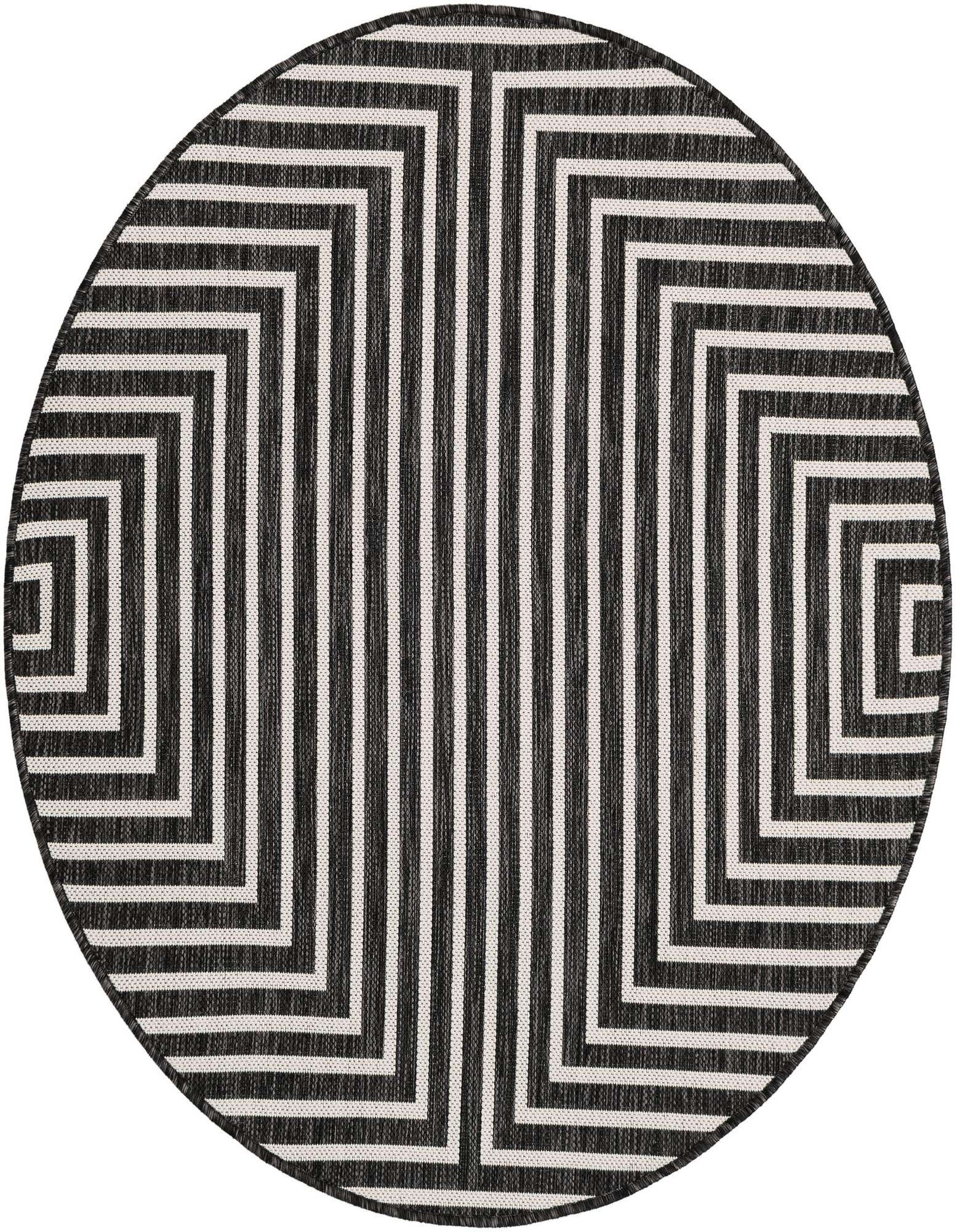 A 4' round black and white geometric stripe rug with a modern pattern, suitable for indoor or outdoor spaces.
