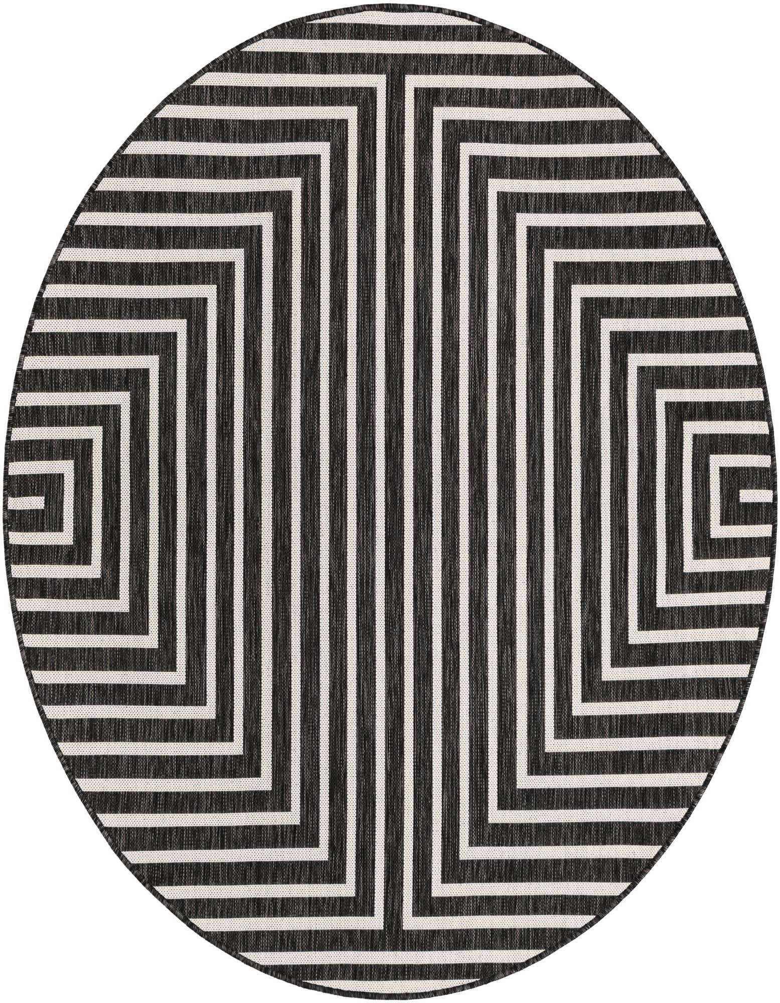 A 6' round black and white geometric rug with a bold, modern striped pattern, suitable for indoor or outdoor use.