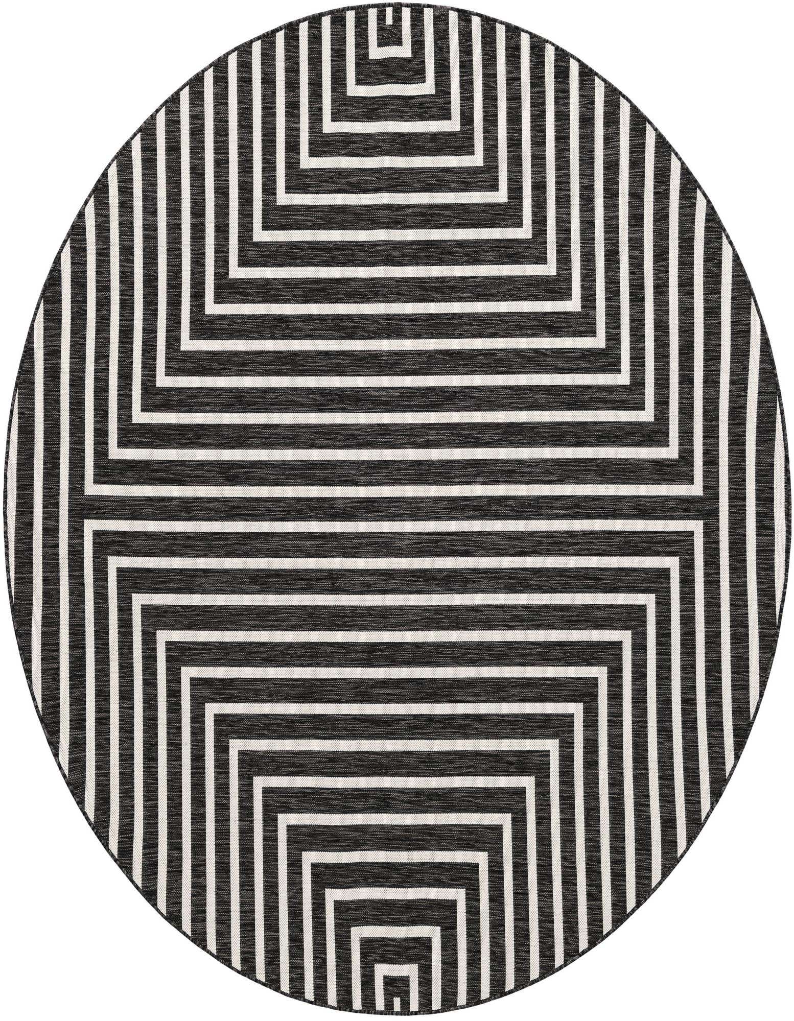 A 7' 10 round black and white outdoor rug with a modern geometric striped pattern, ideal for a patio.