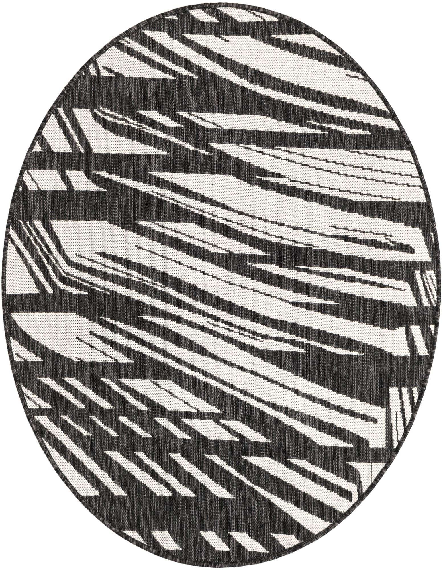 A 4' round black and white modern striped flatweave rug, suitable for indoor or outdoor use.