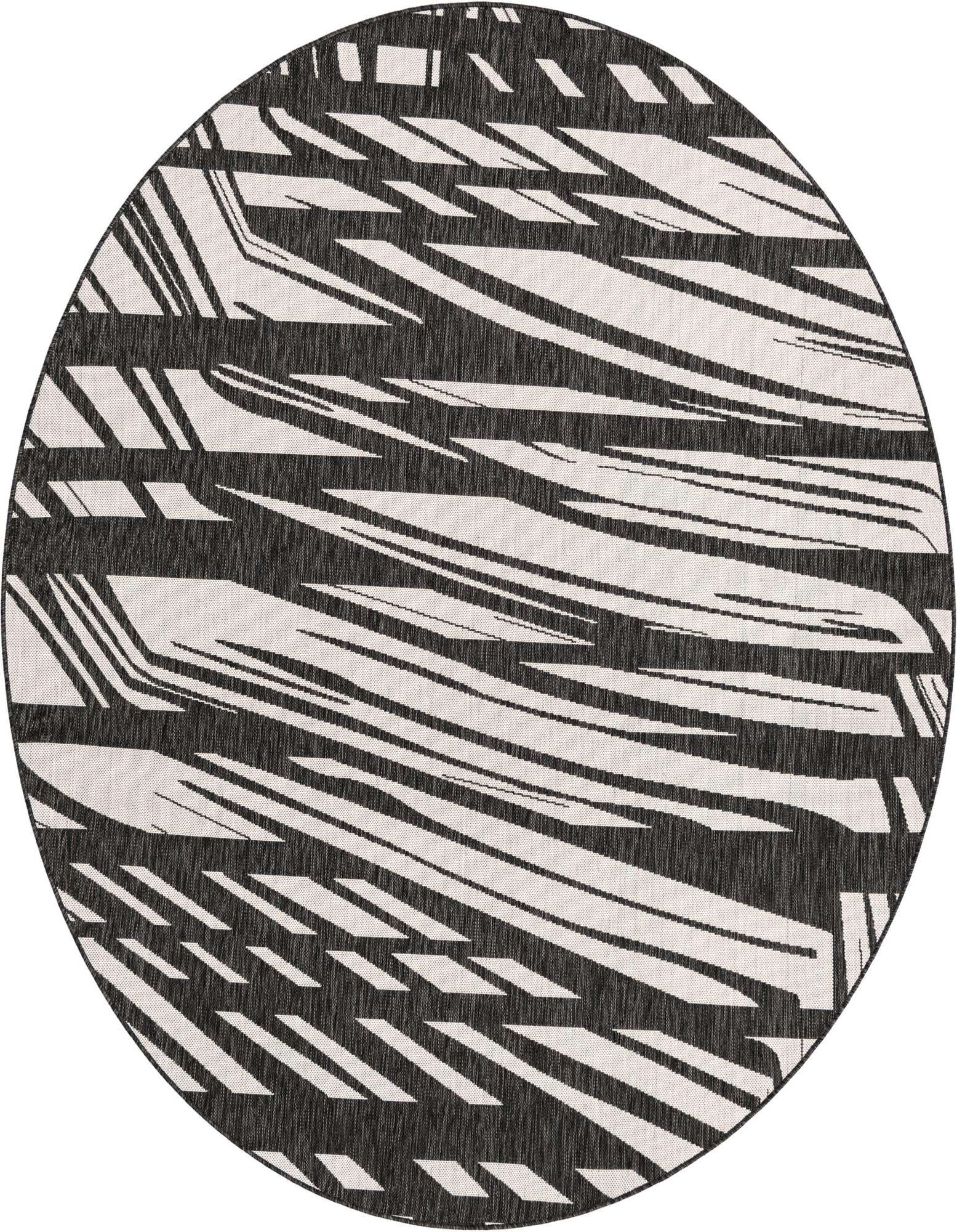 A 7' 10 round black and white modern rug with an abstract stripe pattern, suitable for indoor or outdoor use.