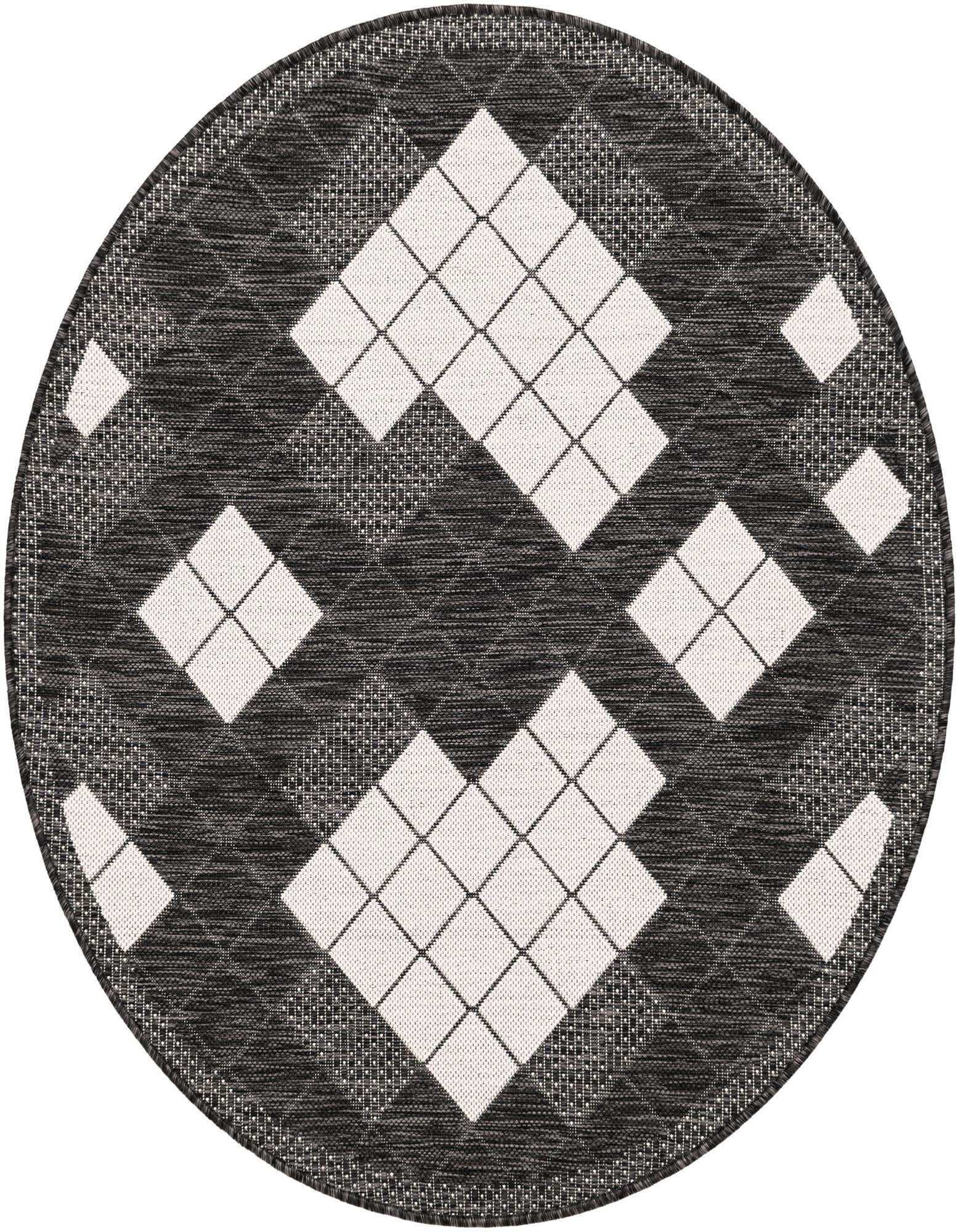 A 3' 1 round black and white argyle pattern rug, suitable for indoor or outdoor spaces like a patio.