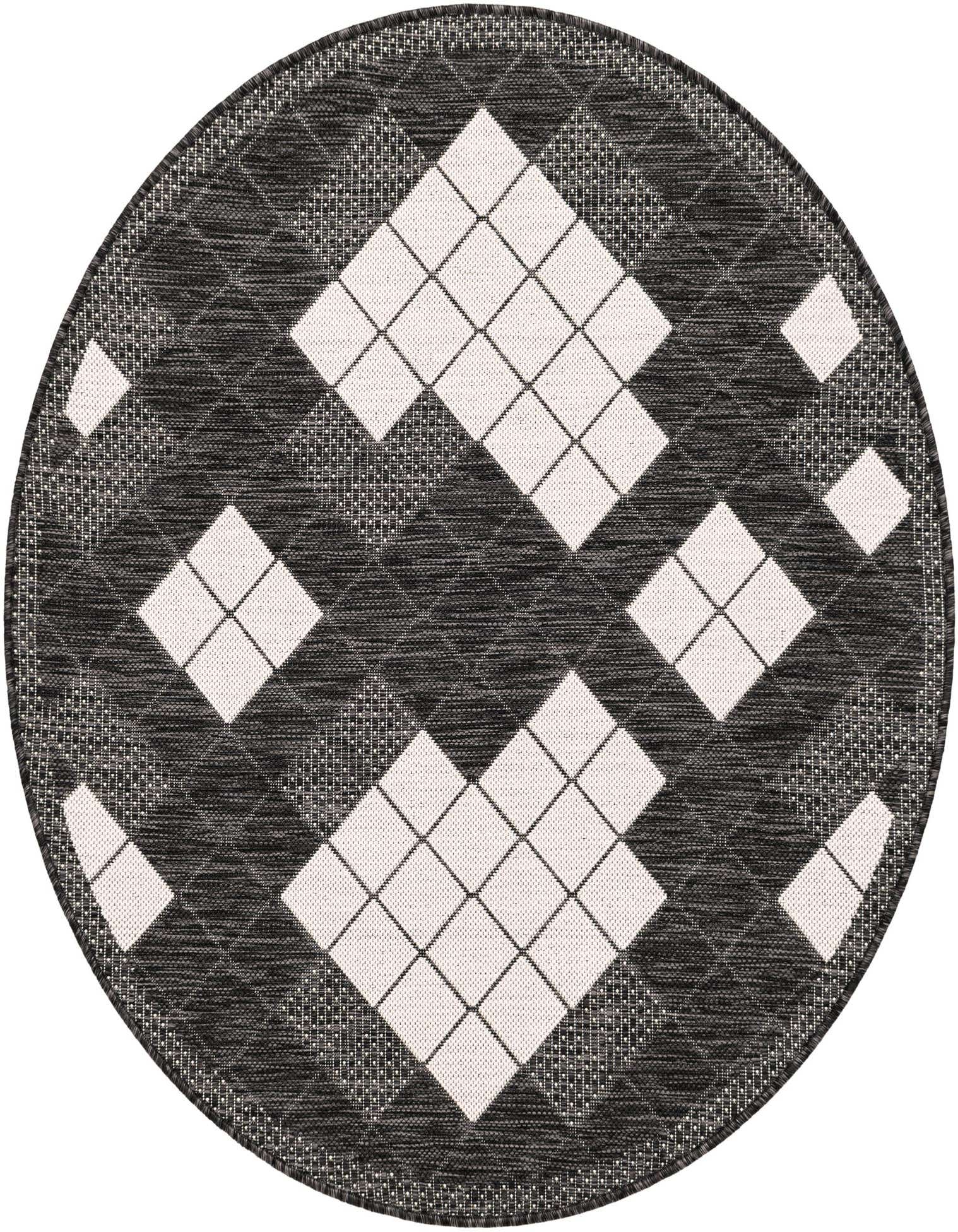 A 4' round black and white modern argyle pattern rug, suitable for indoor or outdoor use.