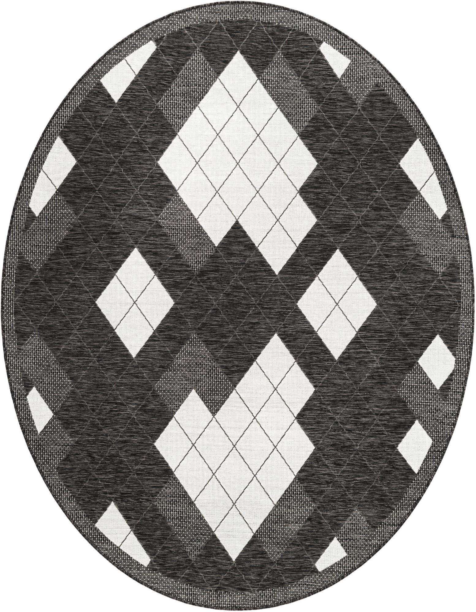 A 7'10" round black and white modern argyle pattern rug, suitable for indoor or outdoor use.