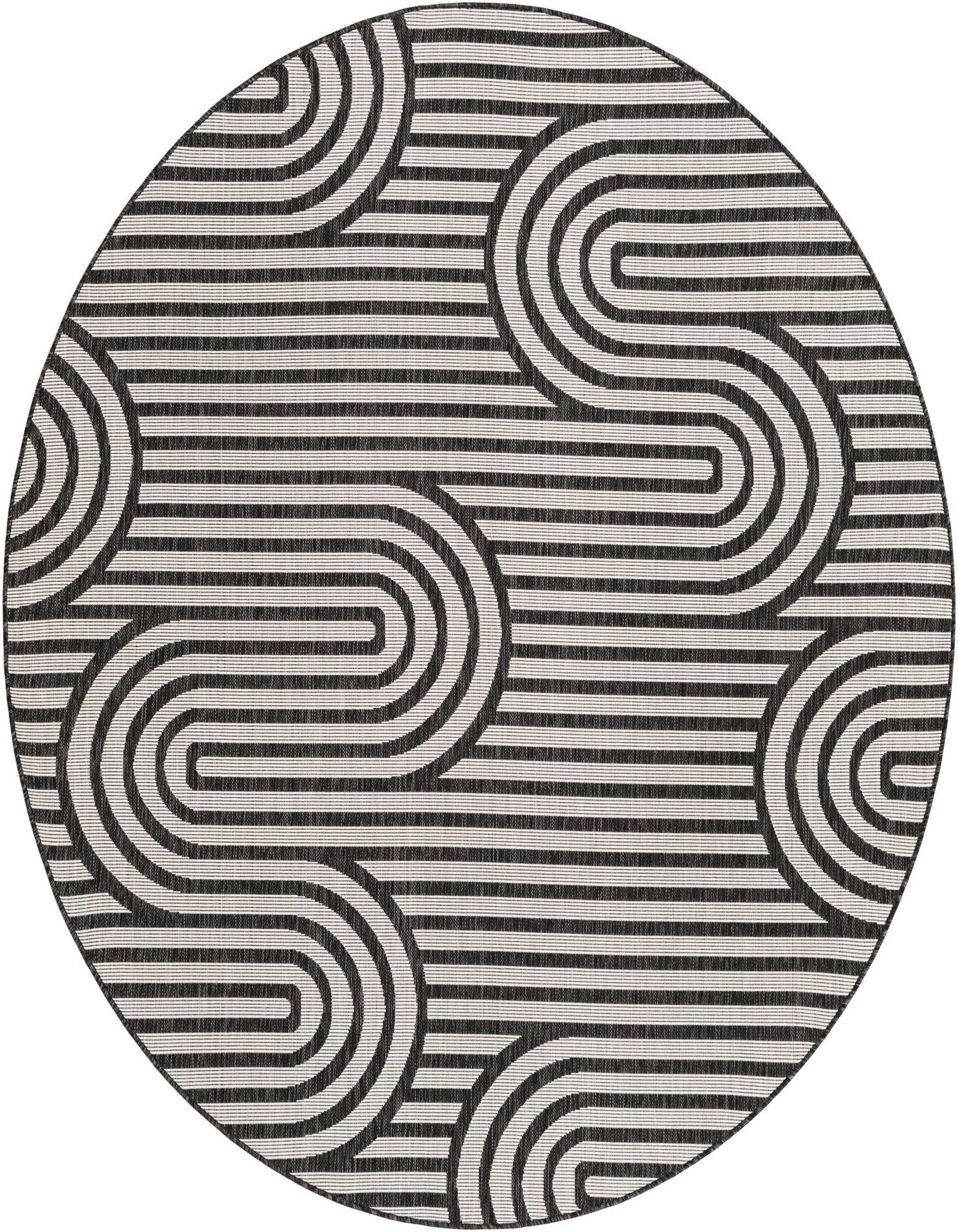 A 7' 10 round black and white modern flatweave rug with a repeating geometric striped pattern, suitable for indoor or outdoor use.