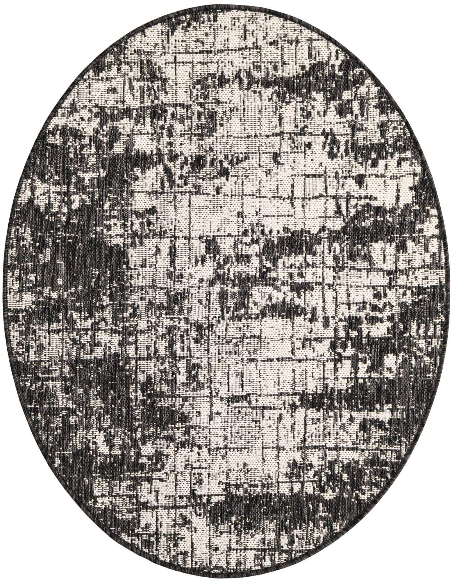A 3' round black and white abstract rug with a distressed grid pattern, suitable for indoor or outdoor use.